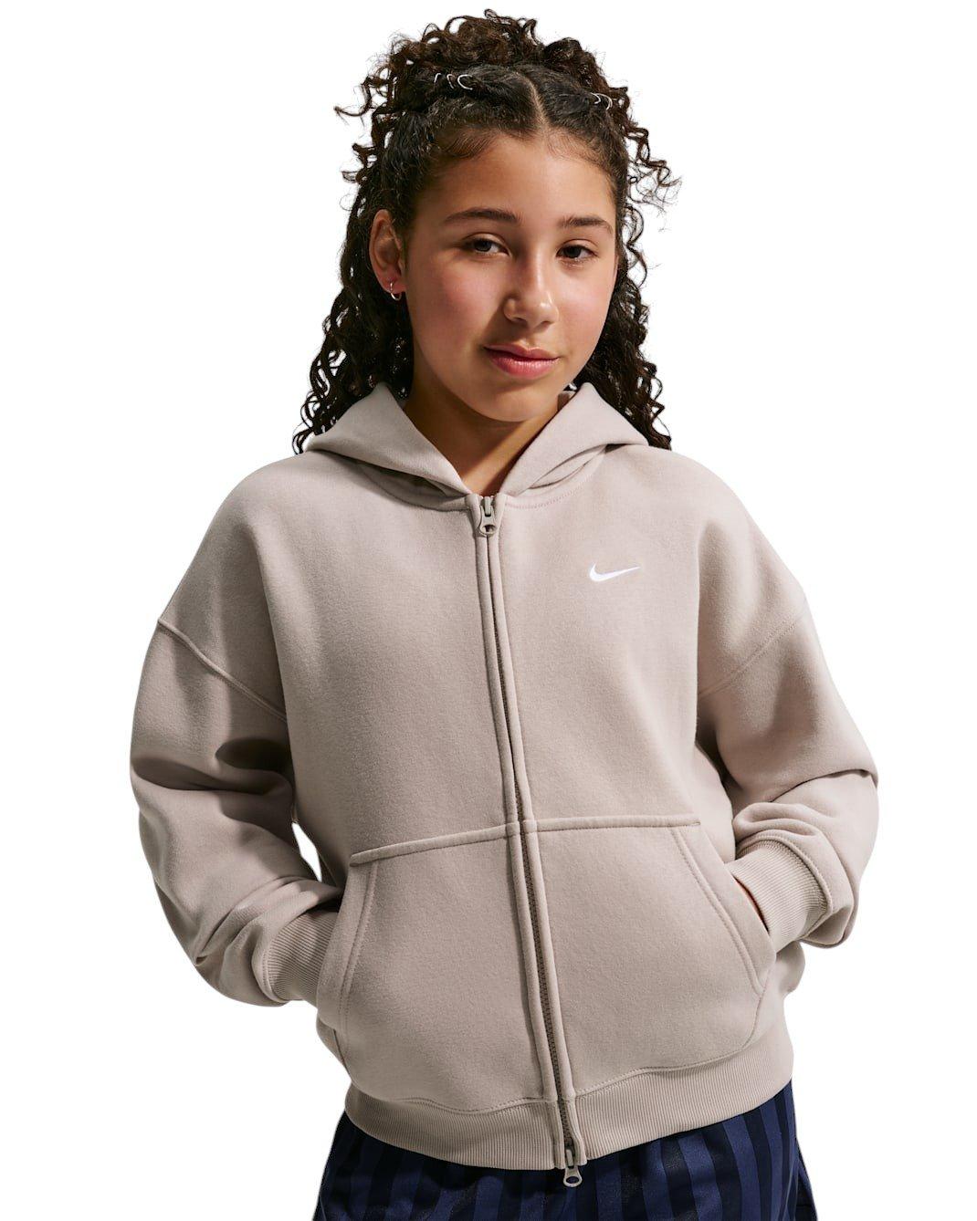 Nike Sportswear Studio Fleece Big Girls' Brown Oversized Full-Zip Jacket
