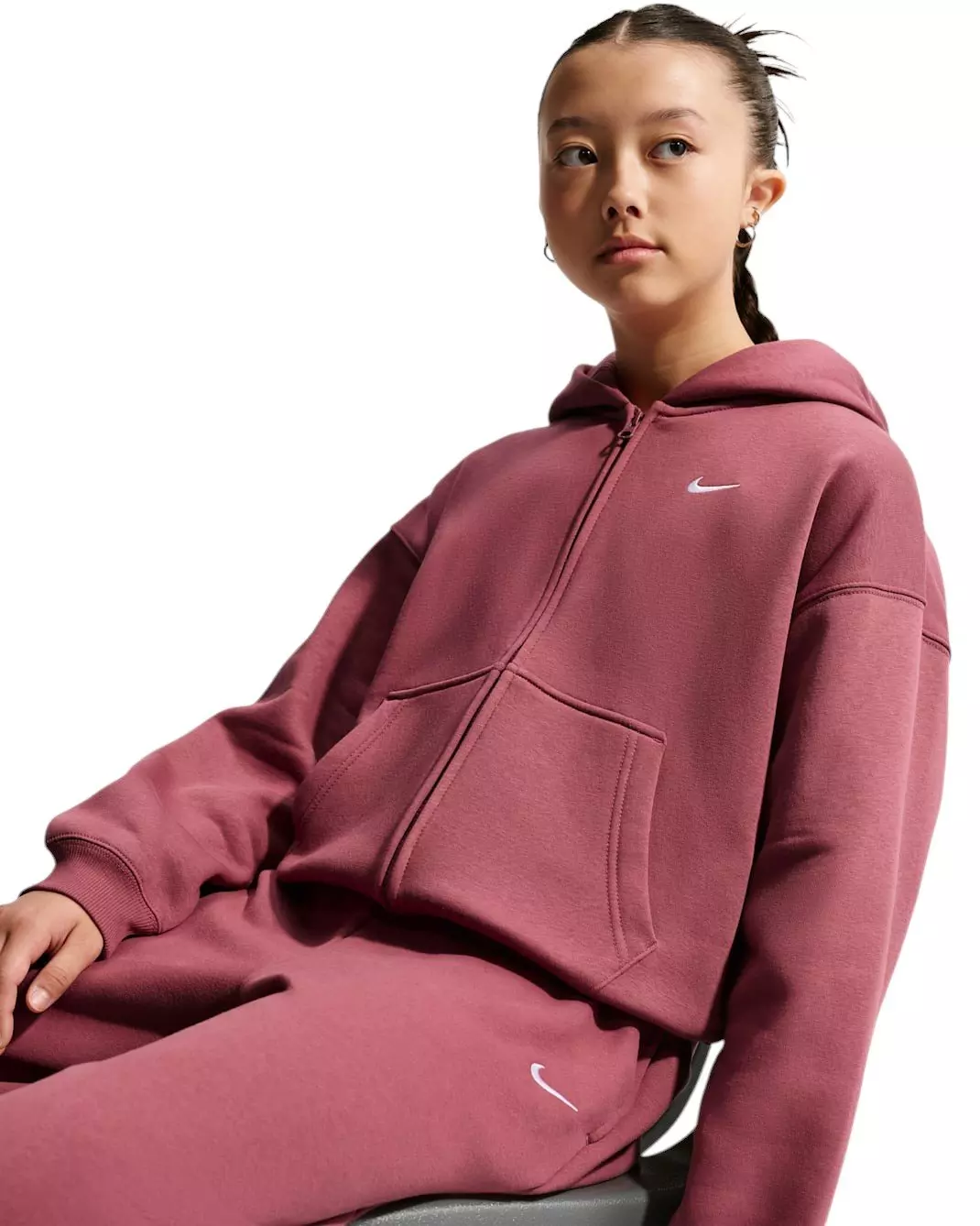 Nike Big Girls' Sportswear Studio Fleece Oversized Full-Zip Jacket - Pink Smoke - PINK SMOKE
