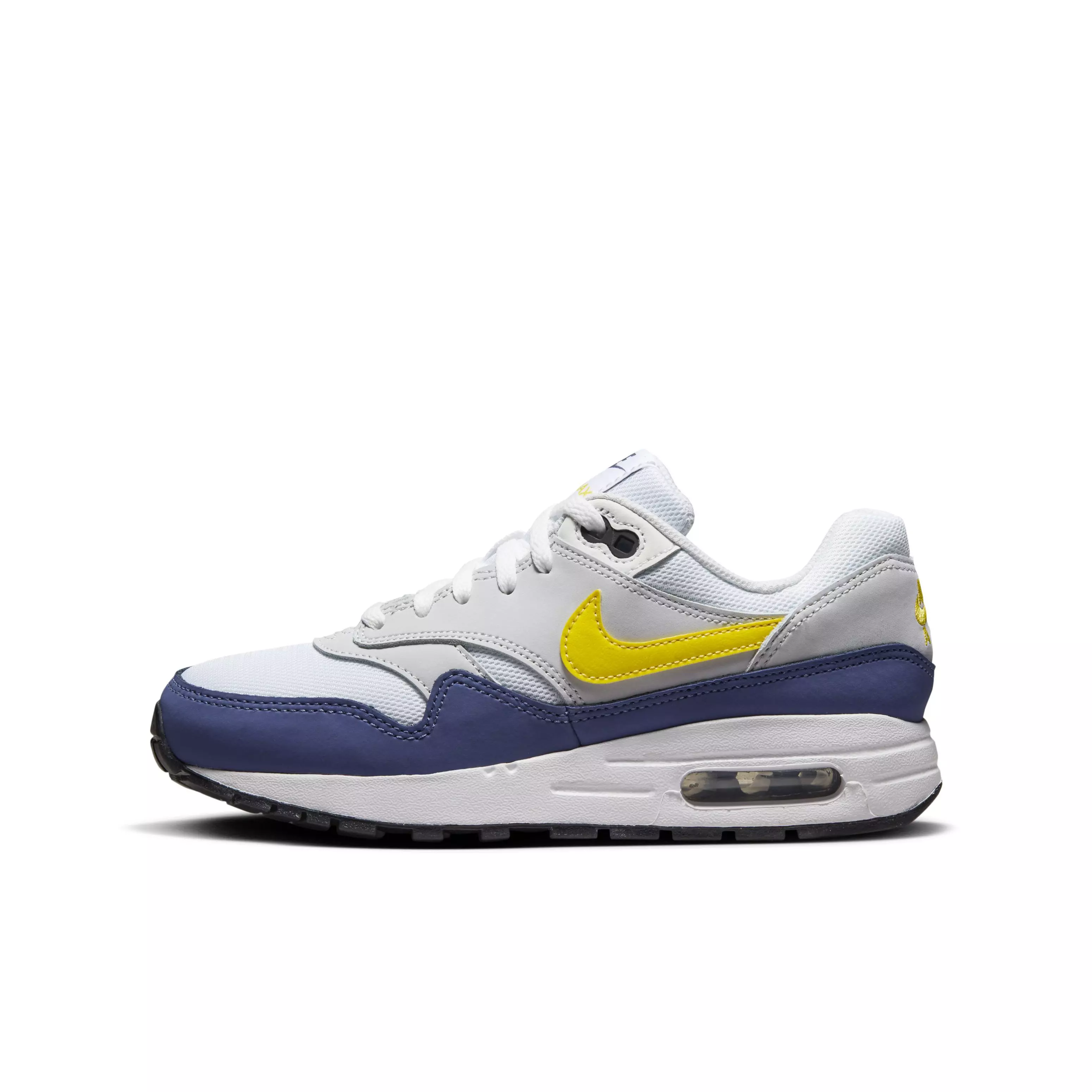 Nike Air Max 1 "White/Blue Recall/Pure Platinum/Tour Yellow" Grade School Boys' Shoe - WHITE/BLUE/PLATINUM/YELLOW