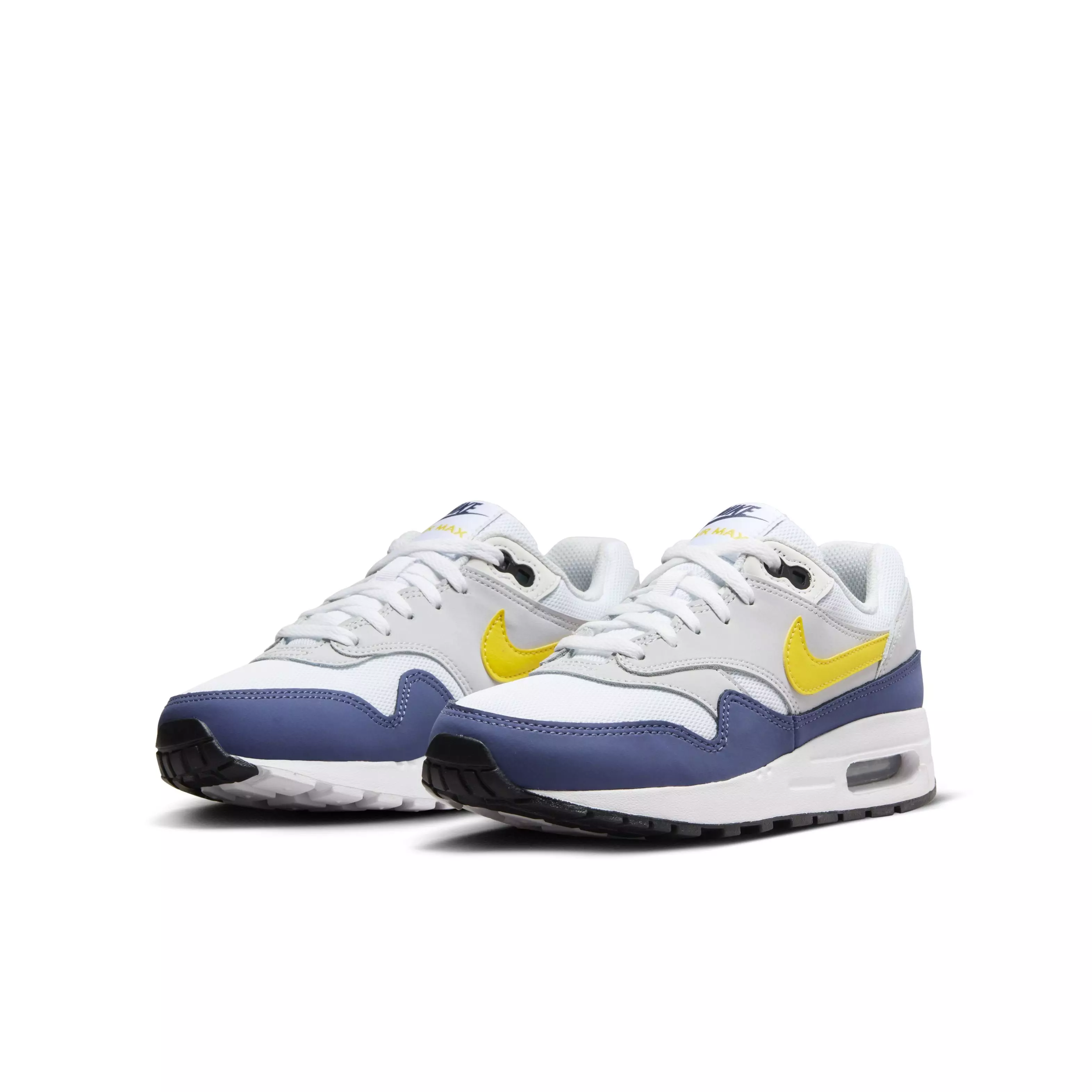 Nike Air Max 1 "White/Blue Recall/Pure Platinum/Tour Yellow" Grade School Boys' Shoe - WHITE/BLUE/PLATINUM/YELLOW