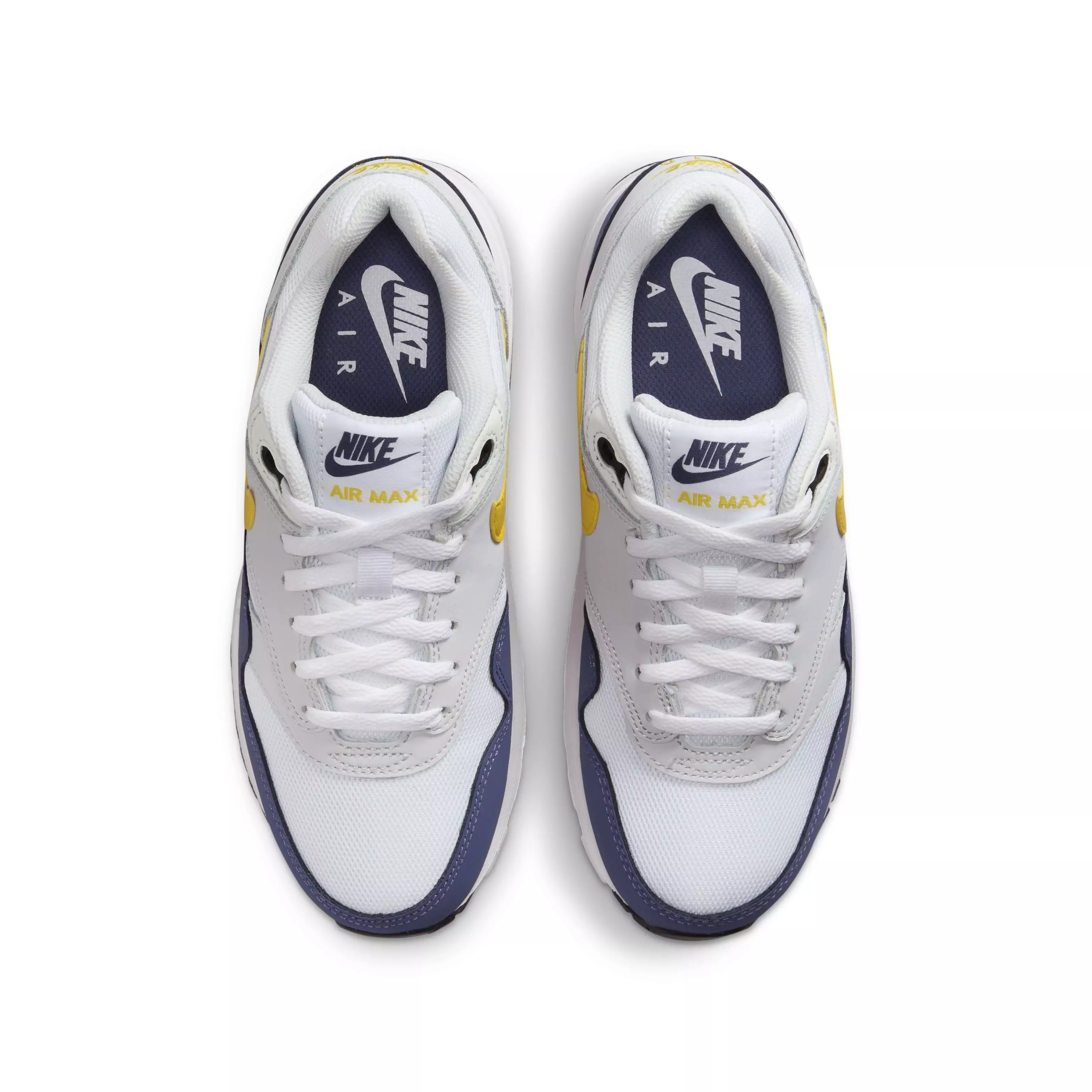 Nike Air Max 1 "White/Blue Recall/Pure Platinum/Tour Yellow" Grade School Boys' Shoe - WHITE/BLUE/PLATINUM/YELLOW