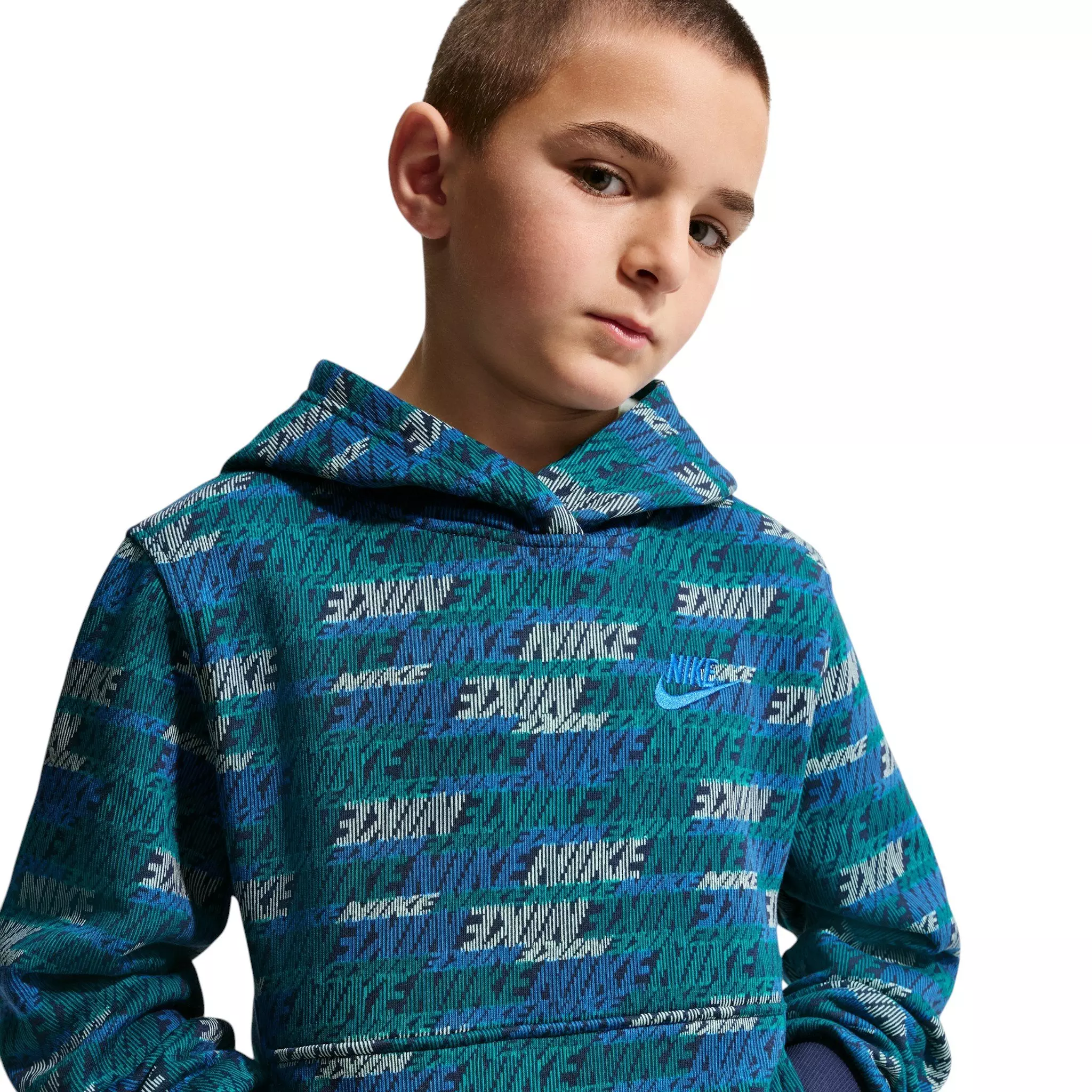 Nike Big Kids' Sportswear Club Fleece AOP Pullover Hoodie - Spruce/Navy/Royal - SPRUCE/NAVY/ROYAL