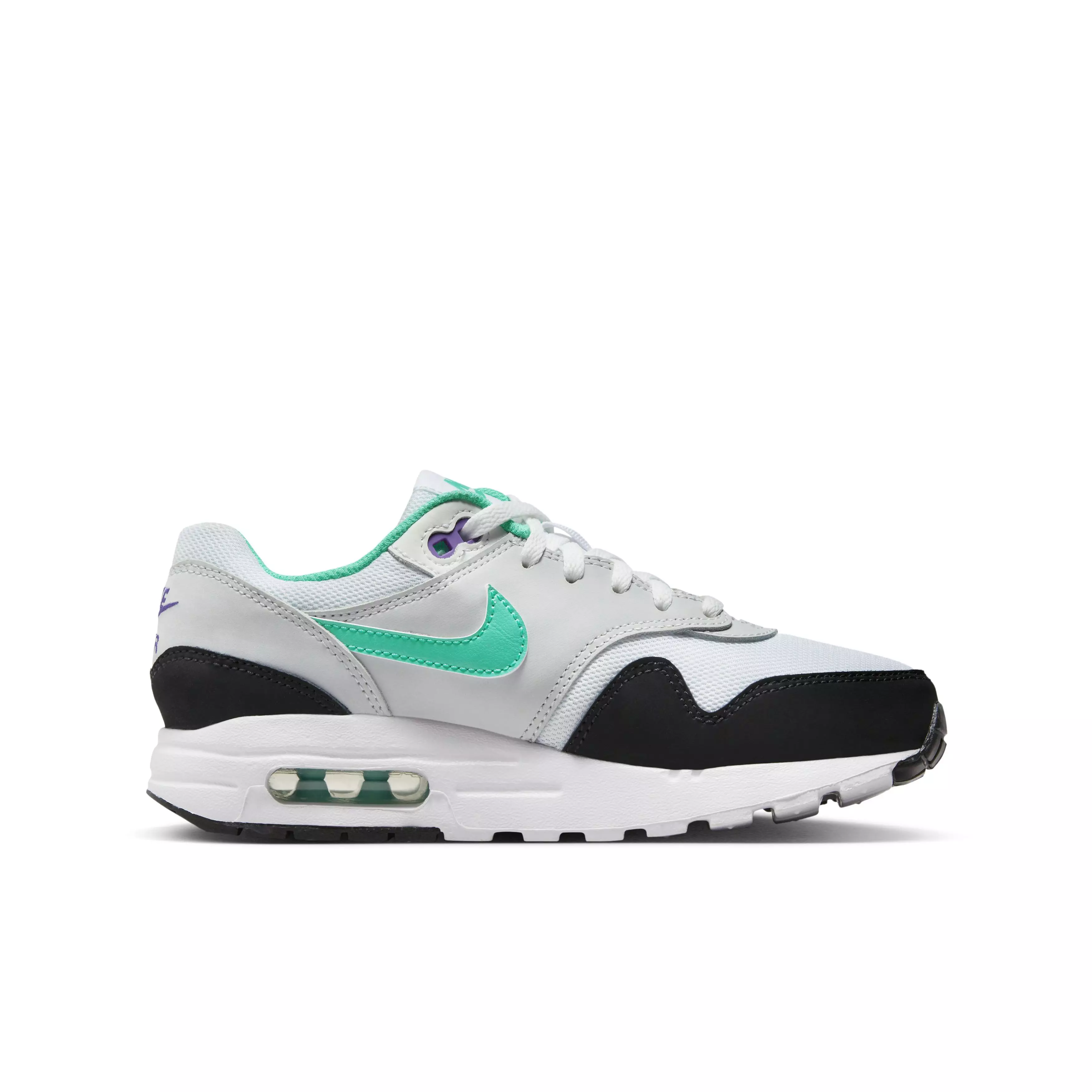 Nike Air Max 1 "White/Pure Platinum/Court Purple/Hyper Jade" Grade School Girls' Shoe - WHITE/PLATINUM/PURPLE/JADE
