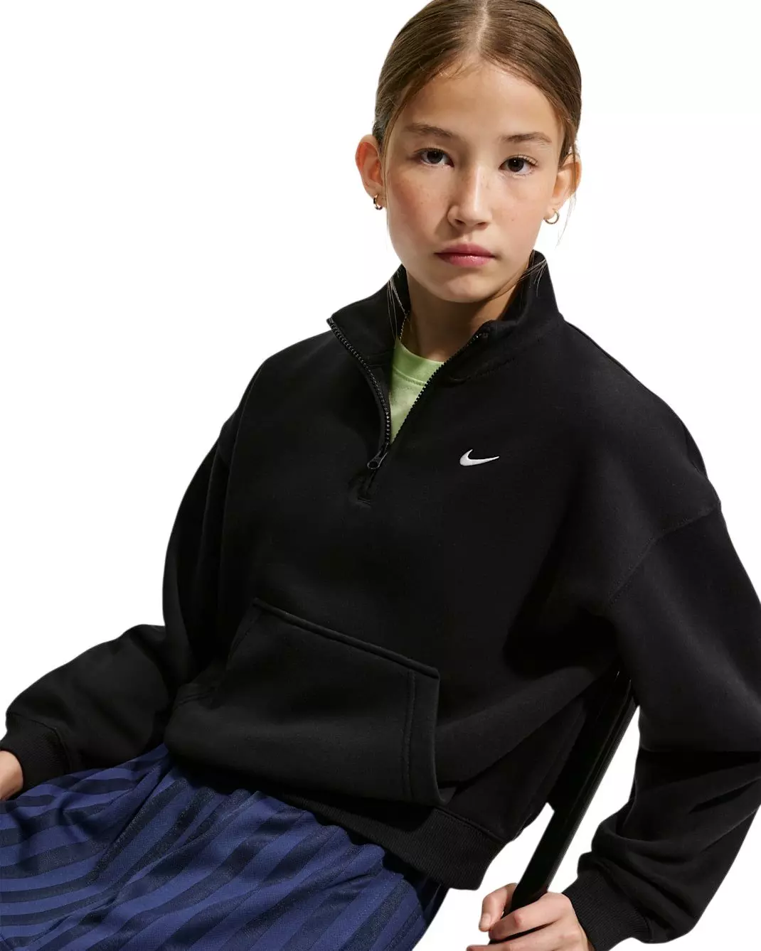 Nike Big Girls' Sportswear Studio Fleece Oversized 1/4 Zip - Black - BLACK