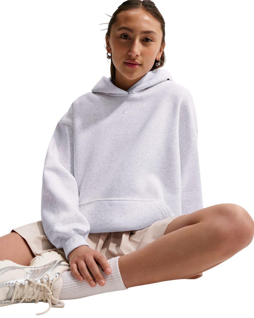Nike Sportswear Studio Fleece Big Girls' Heather Grey Oversized Pullover Hoodie