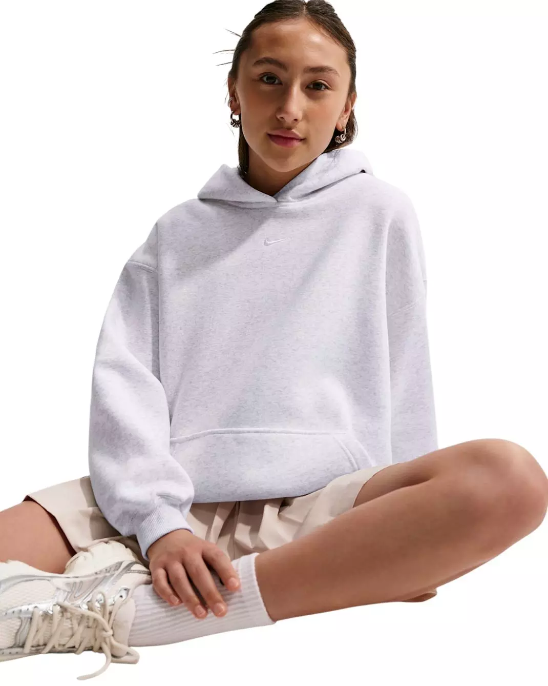 Nike Big Girls' Sportswear Studio Fleece Oversized Pullover Hoodie - Heather Grey - HEATHER GREY