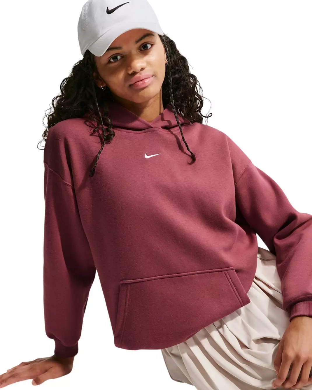 Nike Big Girls' Sportswear Studio Fleece Oversized Pullover Hoodie - Maroon - MAROON