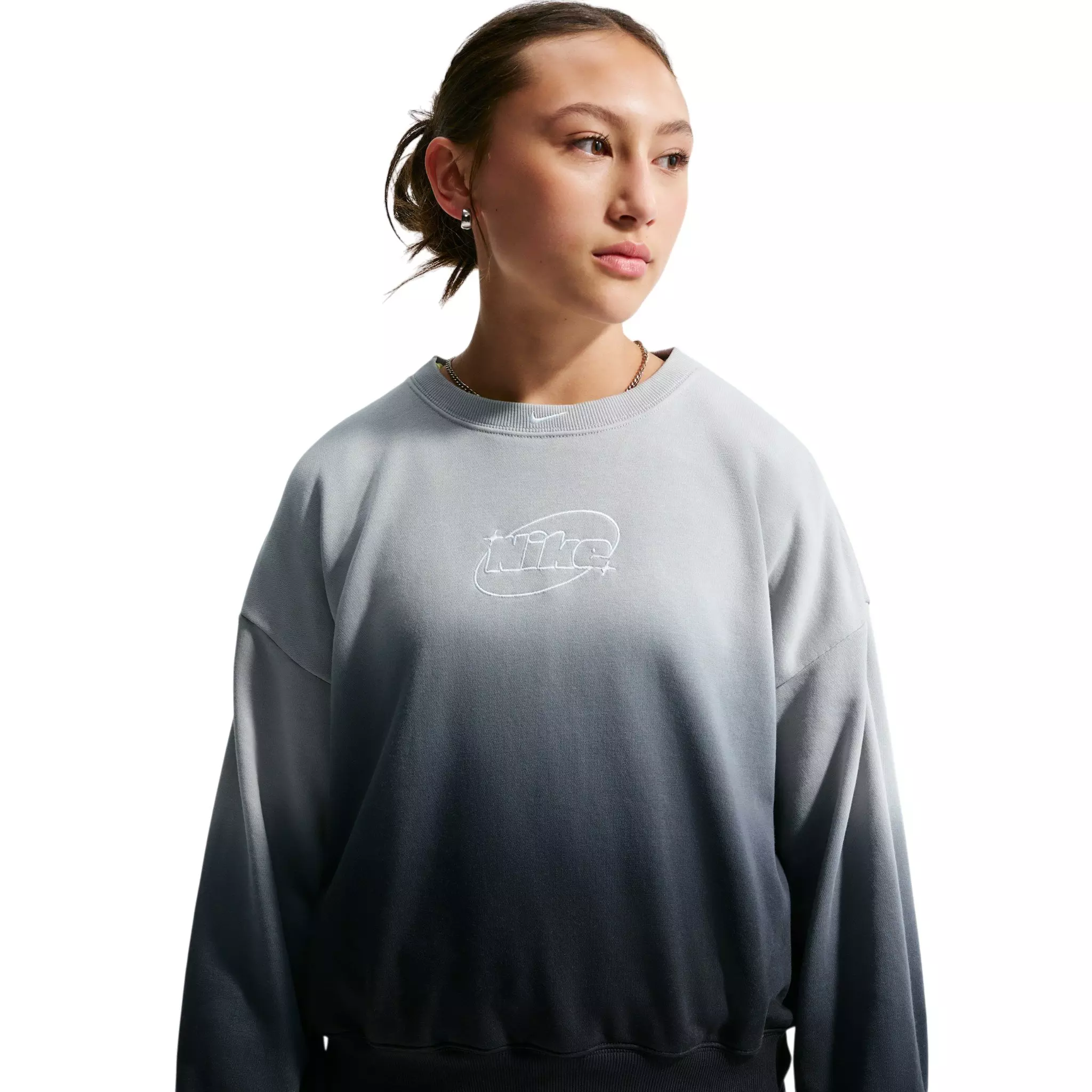 Nike Big Girls' Studio Fleece Lightweight Oversized Graphic Crew - Lt Smoke Grey/Black - LT SMOKE GREY/BLACK