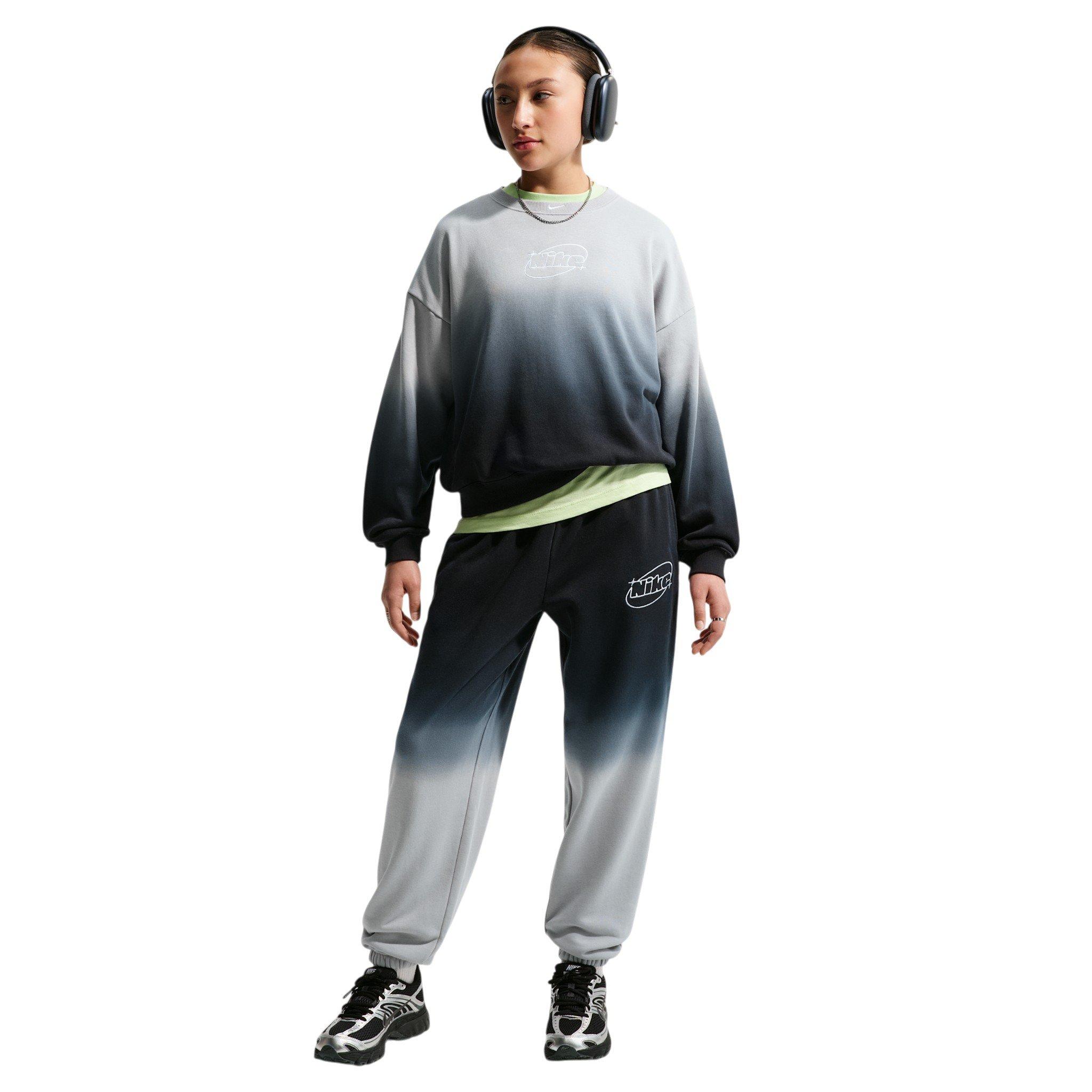 Nike Big Girls' Studio Fleece Lightweight Oversized Graphic Crew - Lt Smoke Grey/Black - LT SMOKE GREY/BLACK