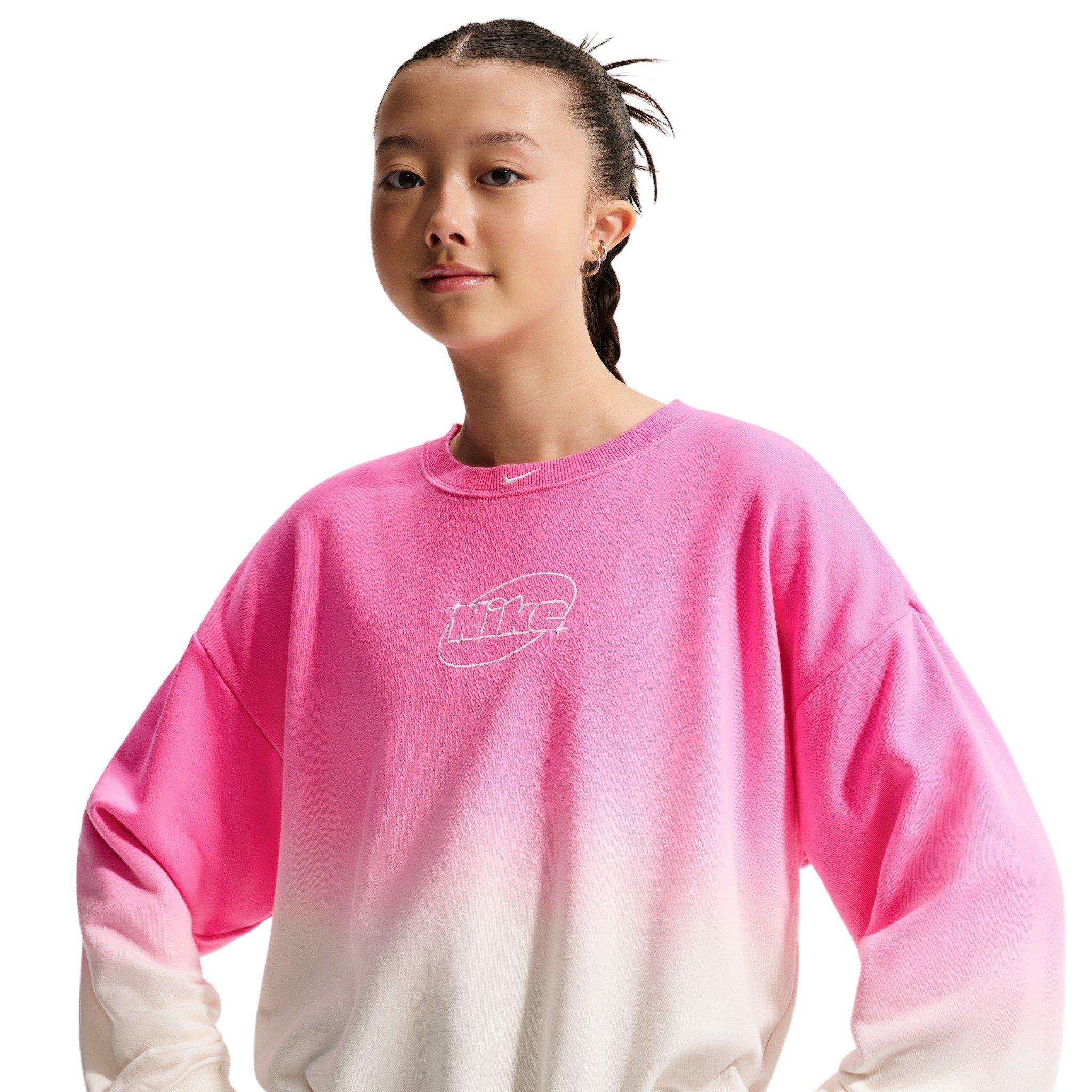 Nike Big Girls' Studio Fleece Lightweight Oversized Graphic Crew - Pink/White - PINK/WHITE