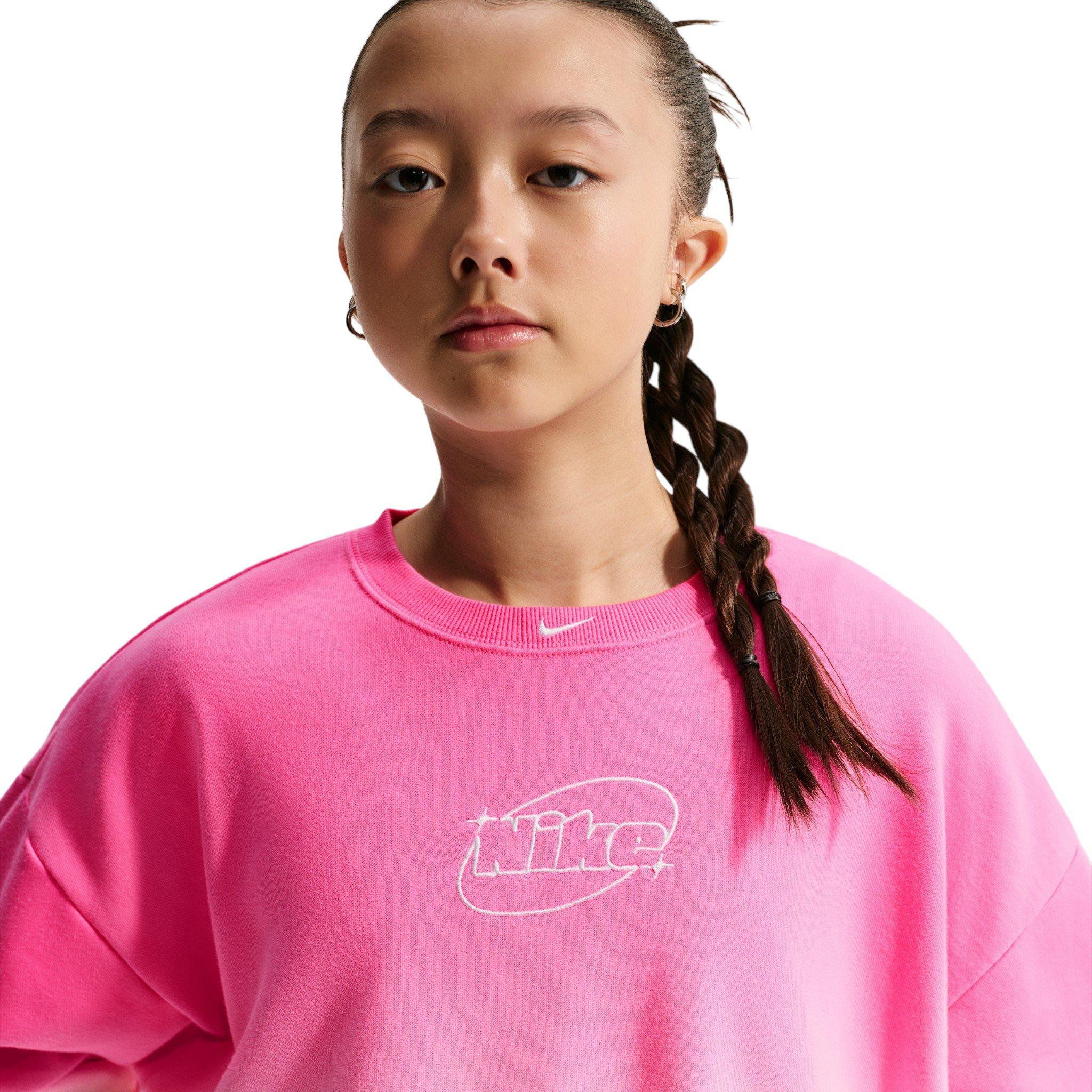 Nike Big Girls' Studio Fleece Lightweight Oversized Graphic Crew - Pink/White - PINK/WHITE