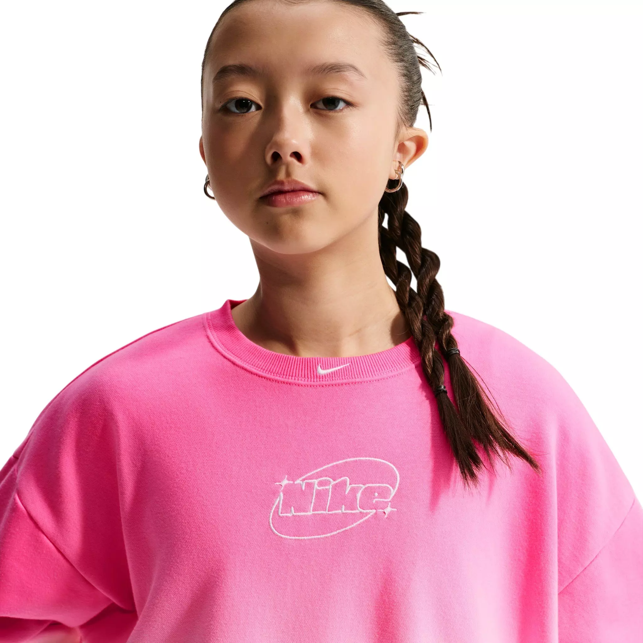 Nike Big Girls' Studio Fleece Lightweight Oversized Graphic Crew - Pink/White - PINK/WHITE