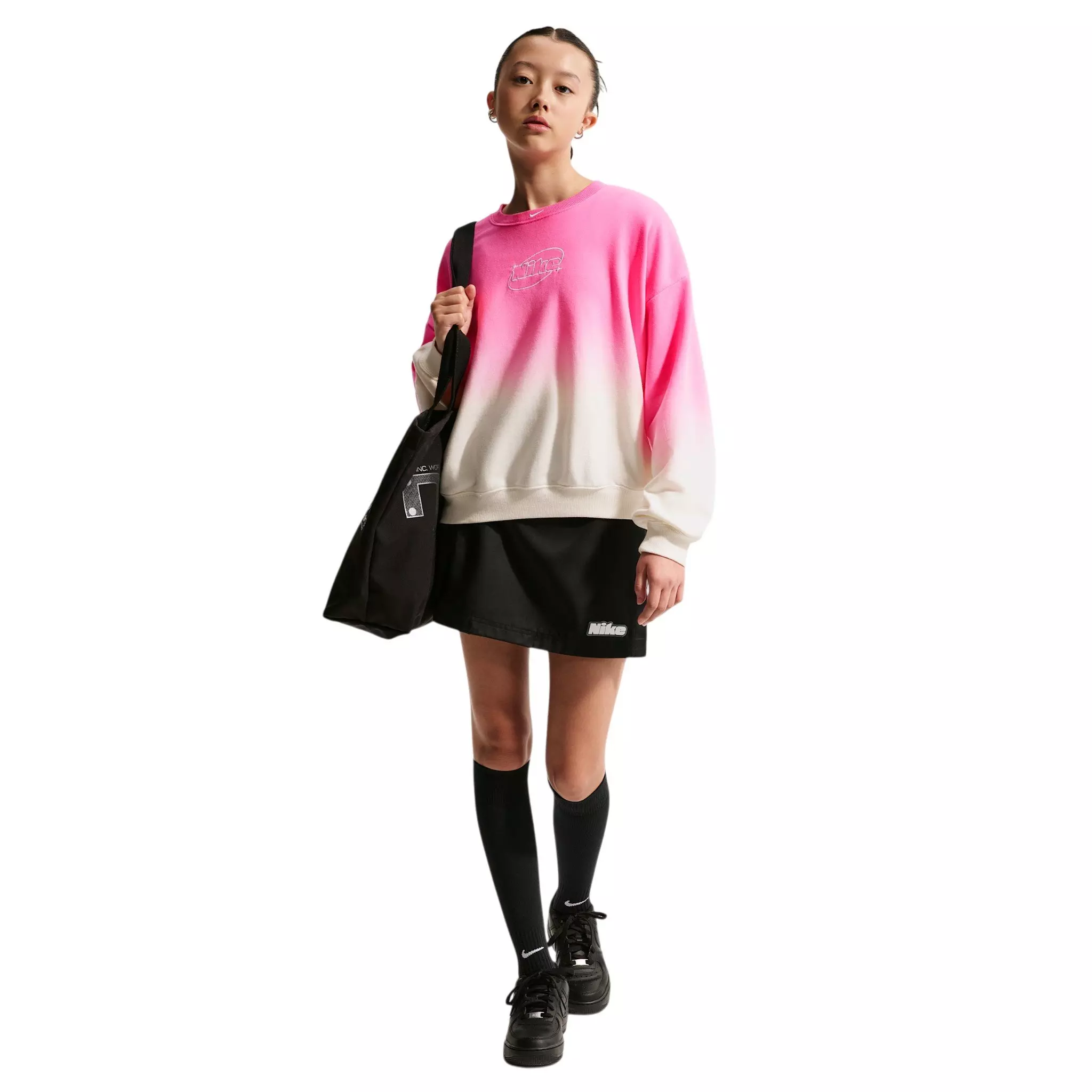 Nike Big Girls' Studio Fleece Lightweight Oversized Graphic Crew - Pink/White - PINK/WHITE