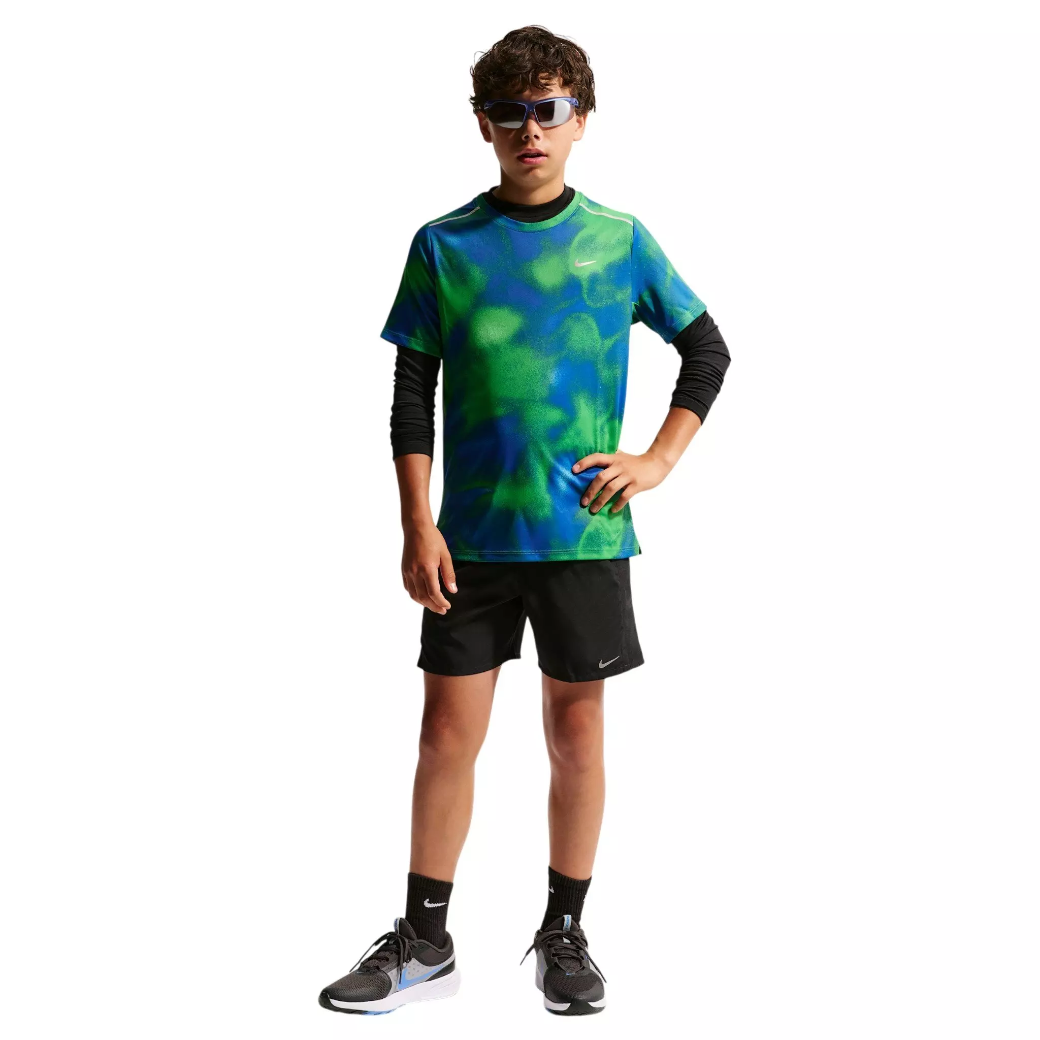 Nike Big Kids' Miler Dri-FIT Short Sleeve Running Top - Blue/Green - BLUE/GREEN