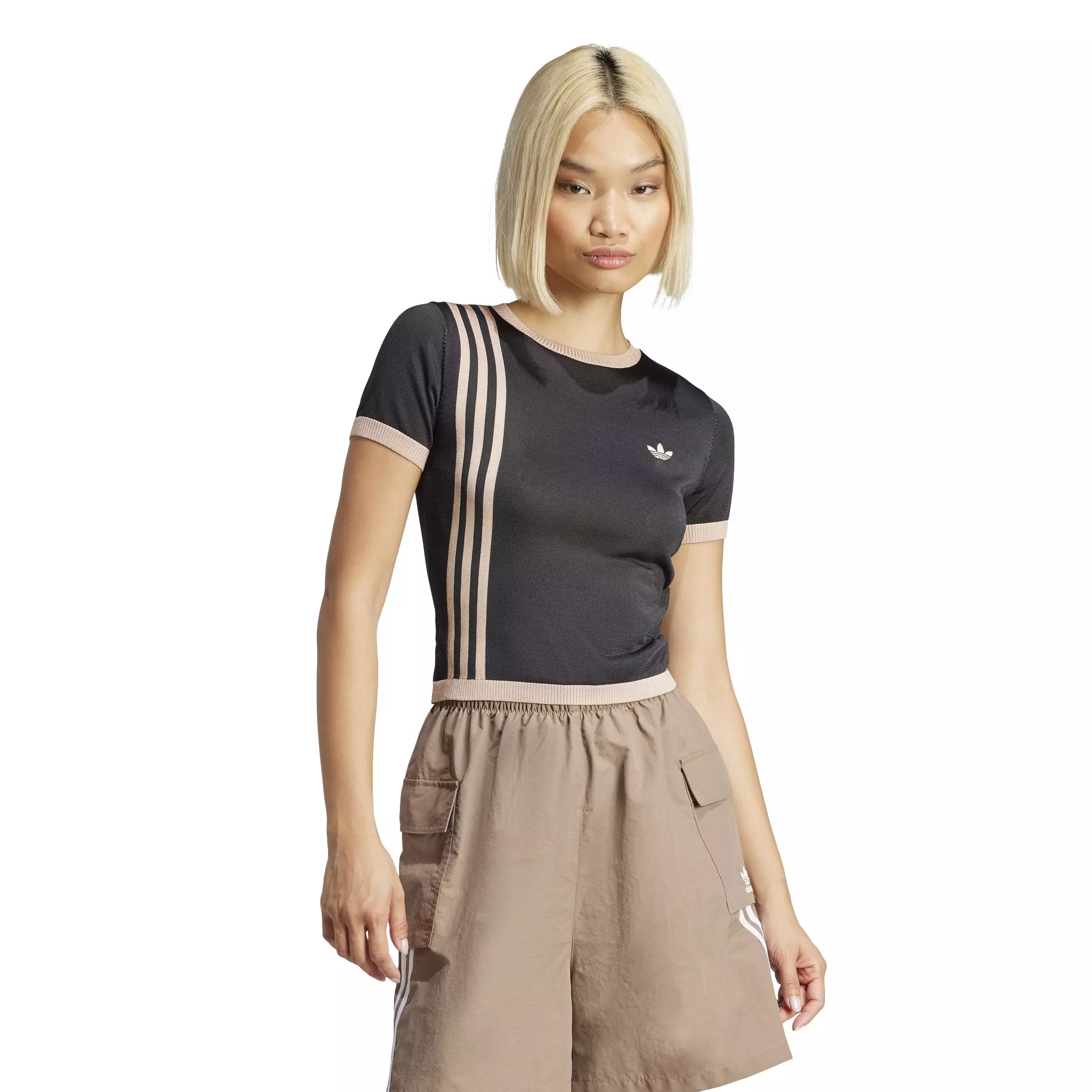 adidas Originals Women's Knitted 3-Stripes Short Tee -Black - BLACK