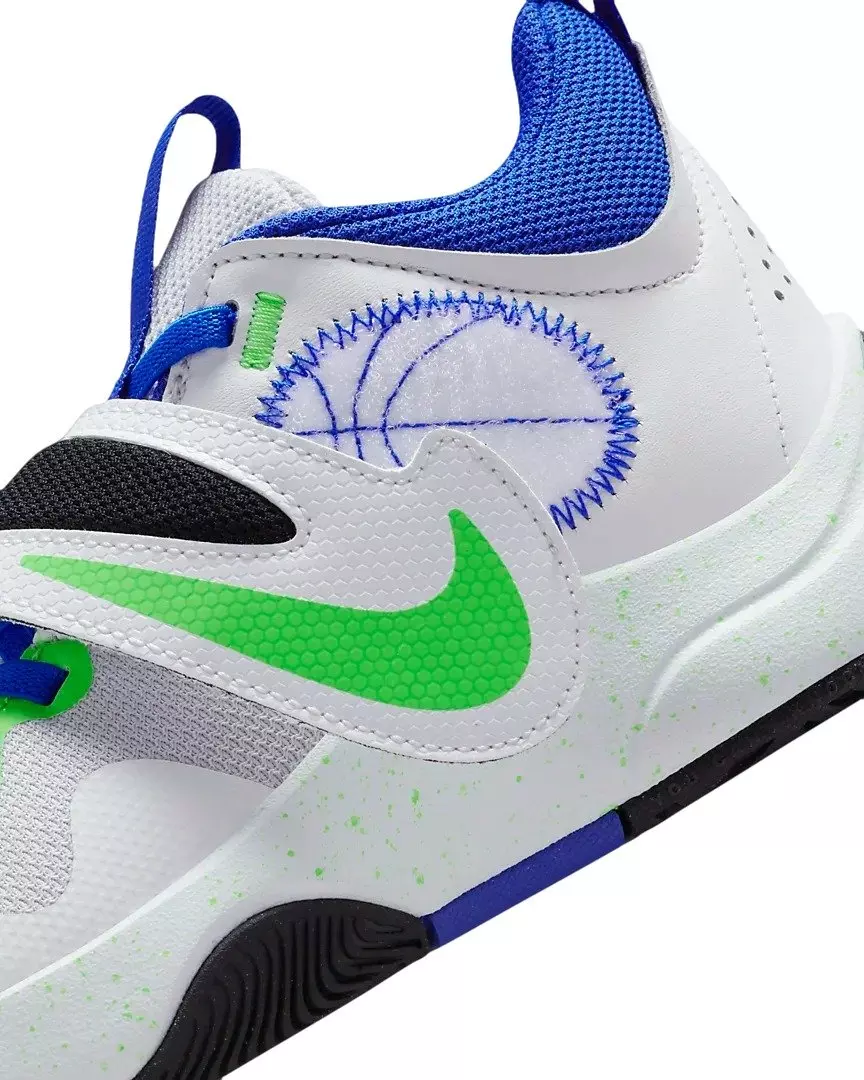 Nike Team Hustle D 11 "Summit White/Pure Platinum/Green Strike/Racer Blue" Grade School Boys' Basketball Shoe - WHITE/PLATINUM/GREEN/BLUE