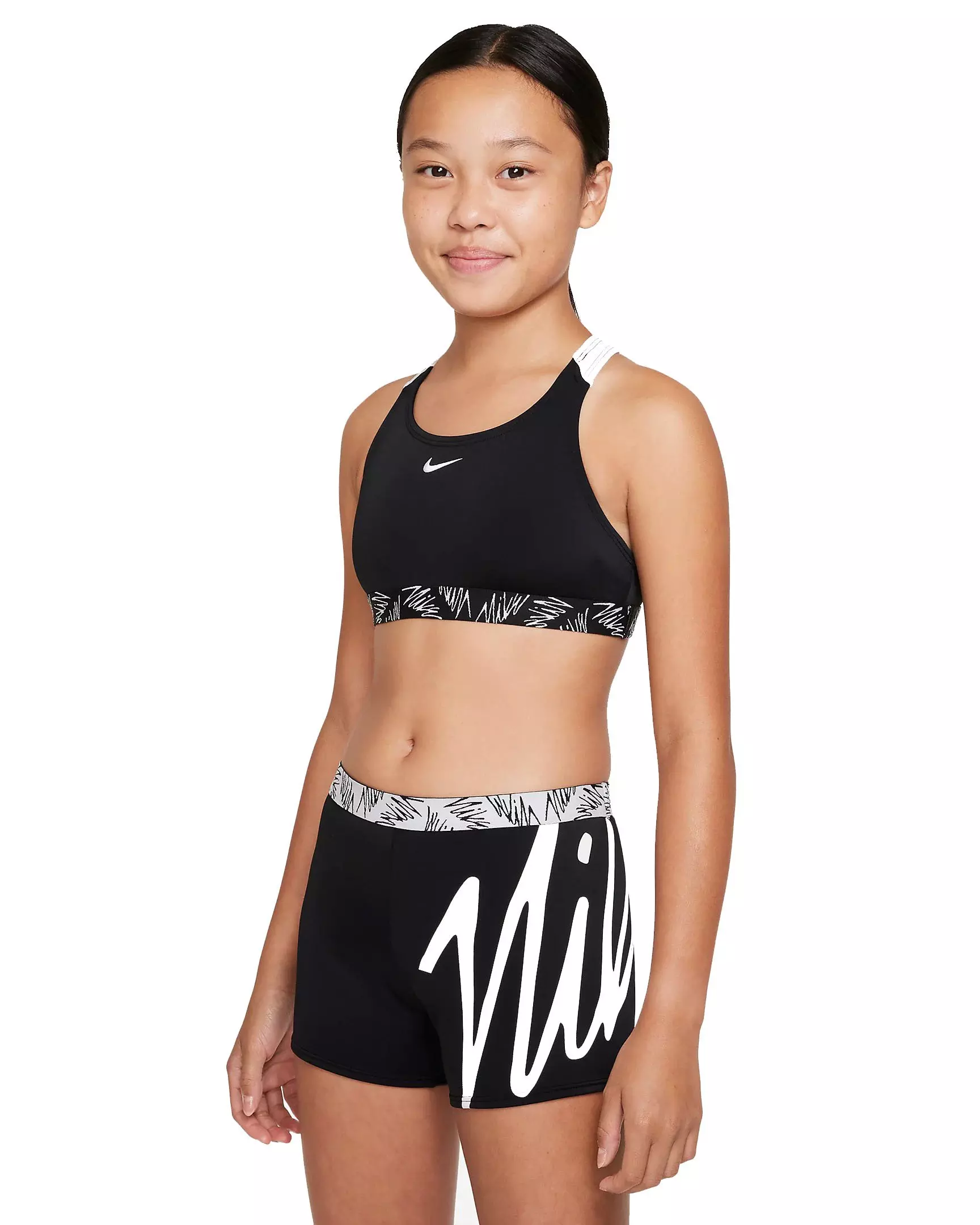 Nike Big Girls Script Logo Crossback Sport Bikini & Short Set - BLACK