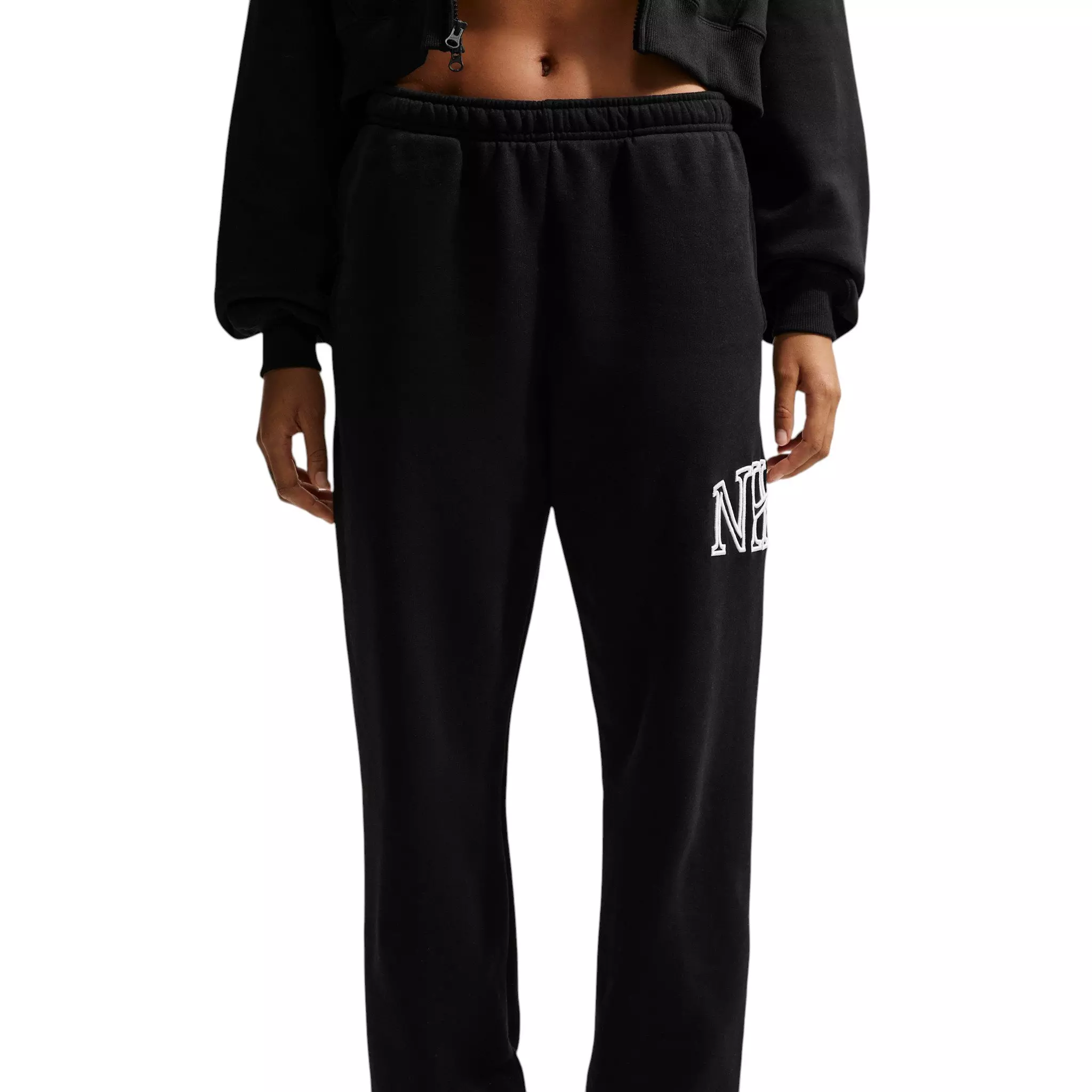 Nike Women's Studio Fleece Med Weight "Graphic Pack" Oversized Cuffed Logo Pants - Black - BLACK
