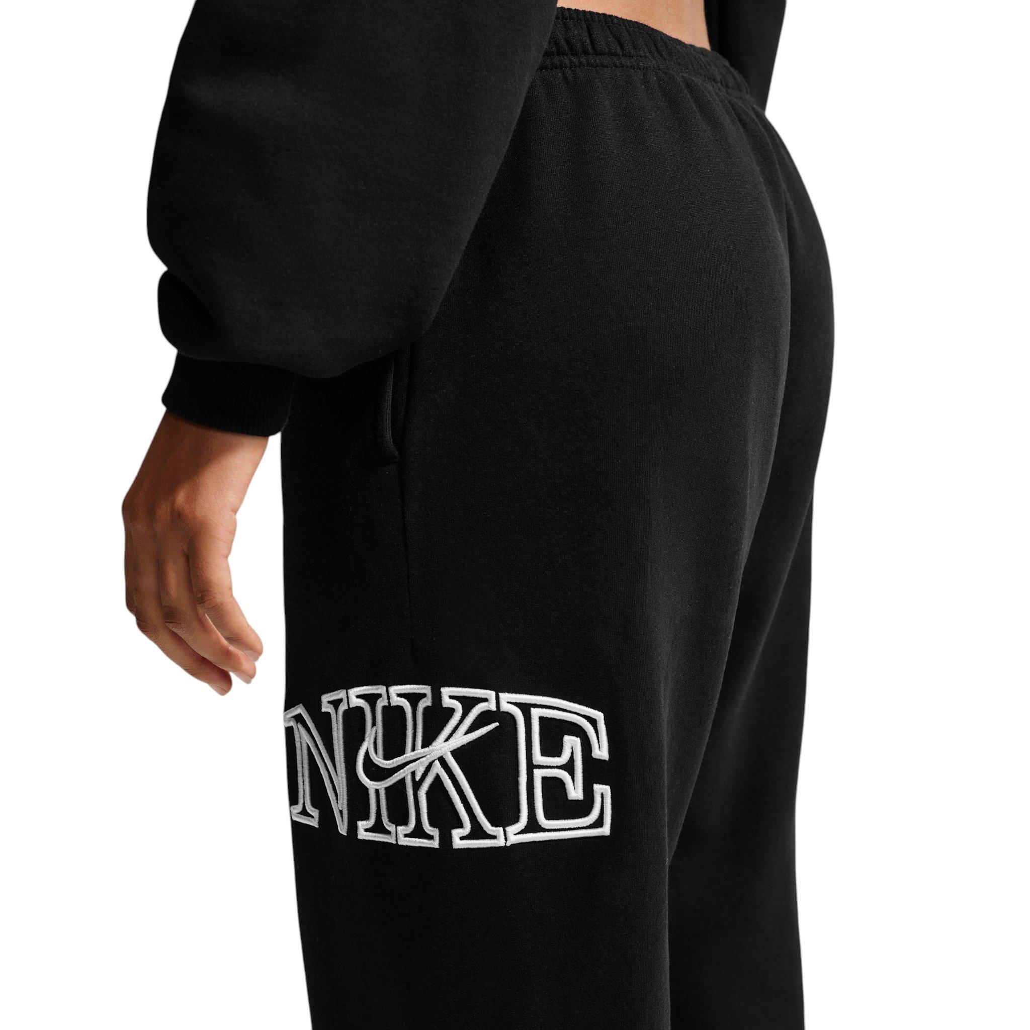 Nike Women's Studio Fleece Med Weight "Graphic Pack" Oversized Cuffed Logo Pants - Black - BLACK