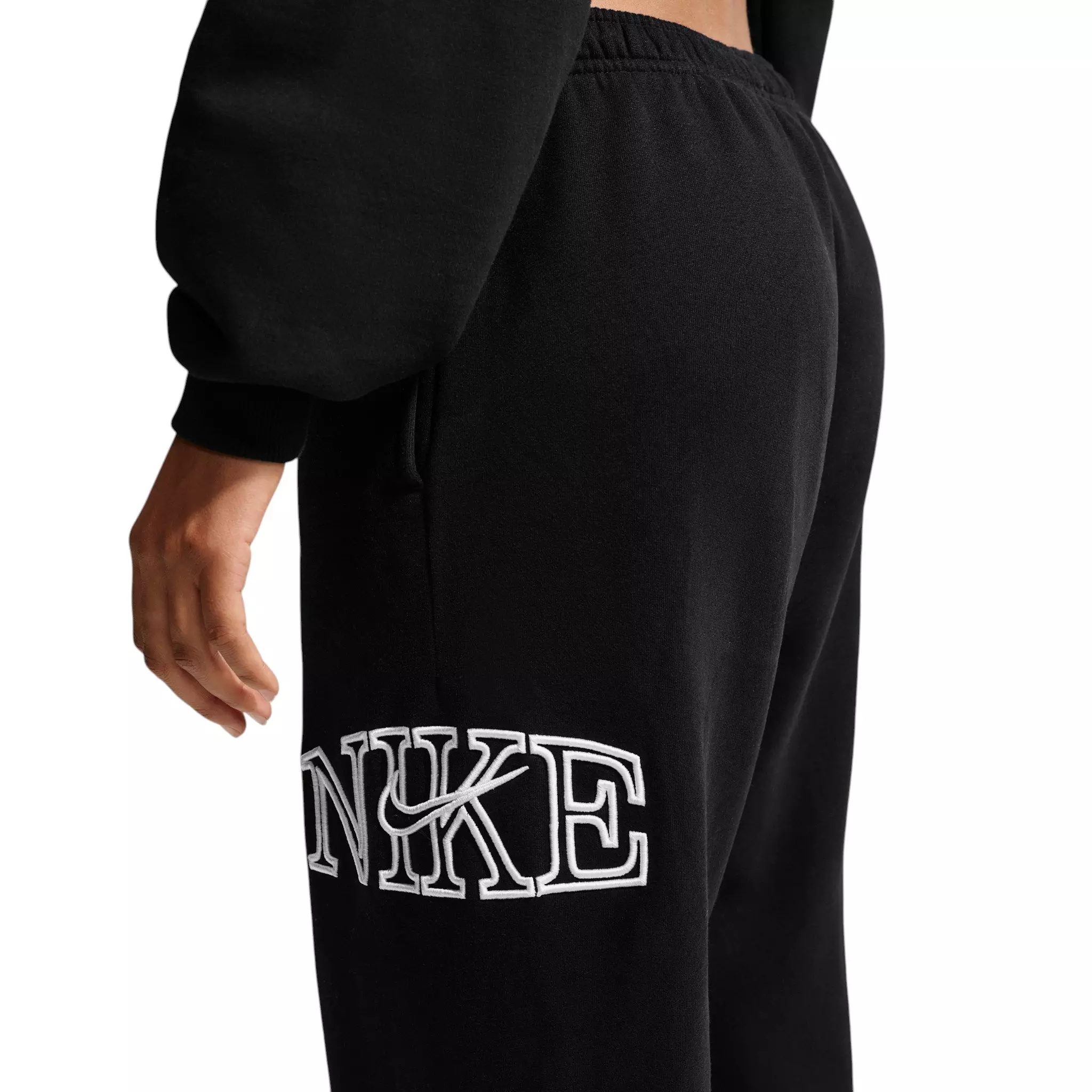 Nike Women's Studio Fleece Med Weight "Graphic Pack" Oversized Cuffed Logo Pants - Black - BLACK
