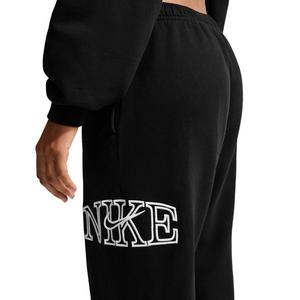 Nike Women's Studio Fleece Med Weight "Graphic Pack" Oversized Cuffed Logo Pants - Black - BLACK