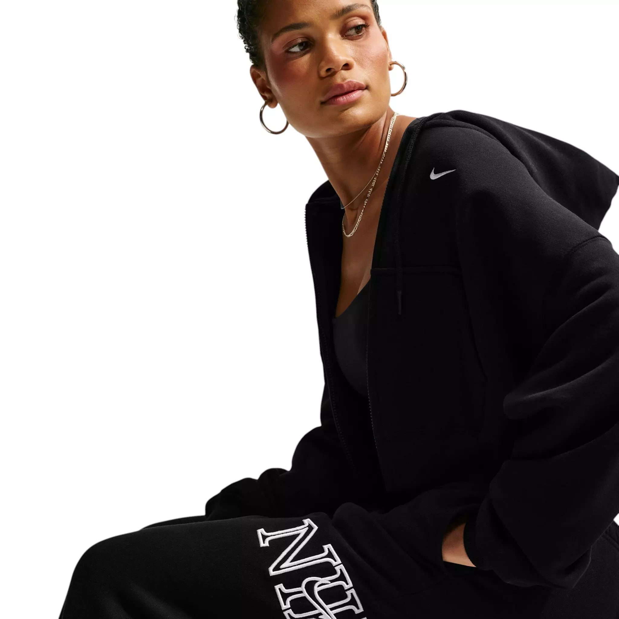 Nike Women's Studio Fleece Med Weight "Graphic Pack" Oversized Cuffed Logo Pants - Black - BLACK