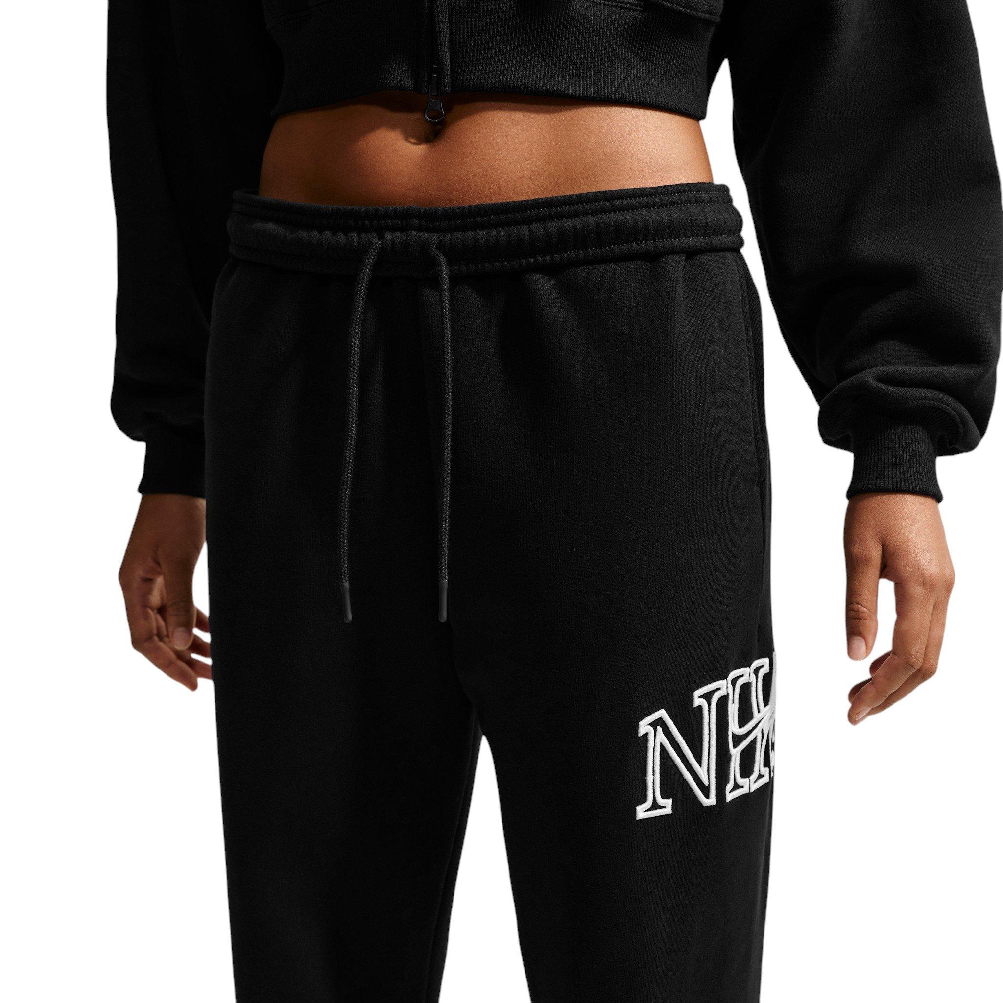Nike Women's Studio Fleece Med Weight "Graphic Pack" Oversized Cuffed Logo Pants - Black - BLACK