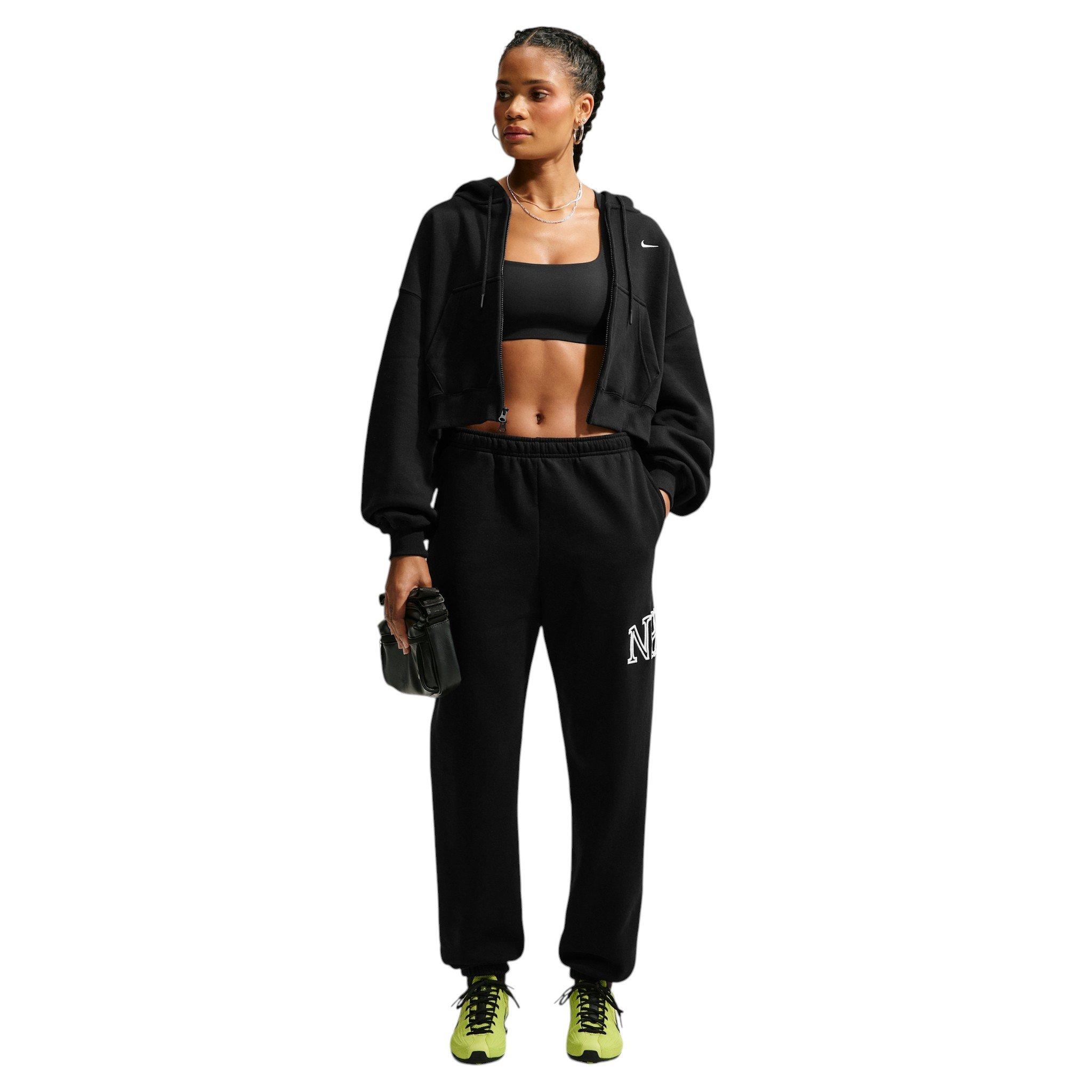 Nike Women's Studio Fleece Med Weight "Graphic Pack" Oversized Cuffed Logo Pants - Black - BLACK
