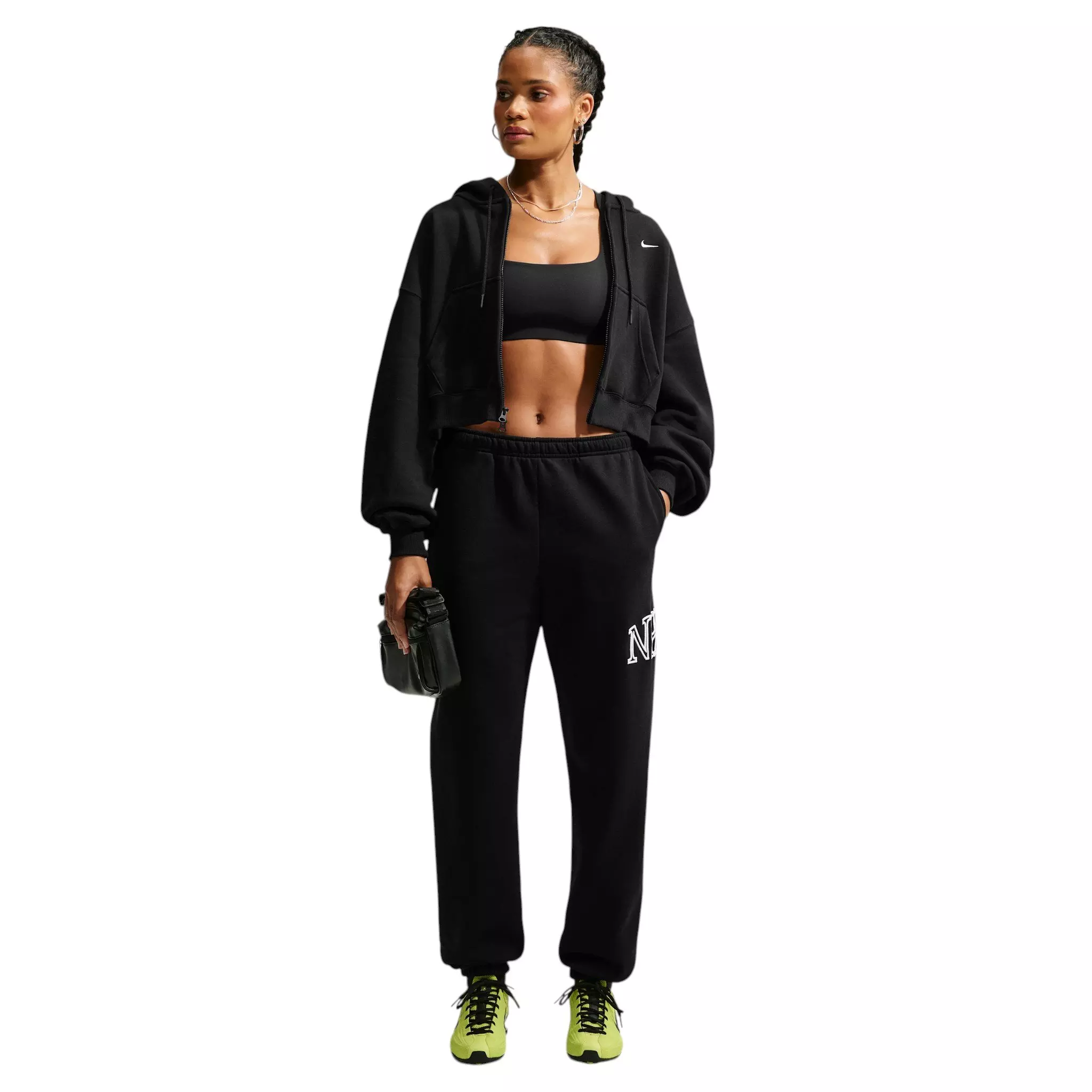 Nike Women's Studio Fleece Med Weight "Graphic Pack" Oversized Cuffed Logo Pants - Black - BLACK