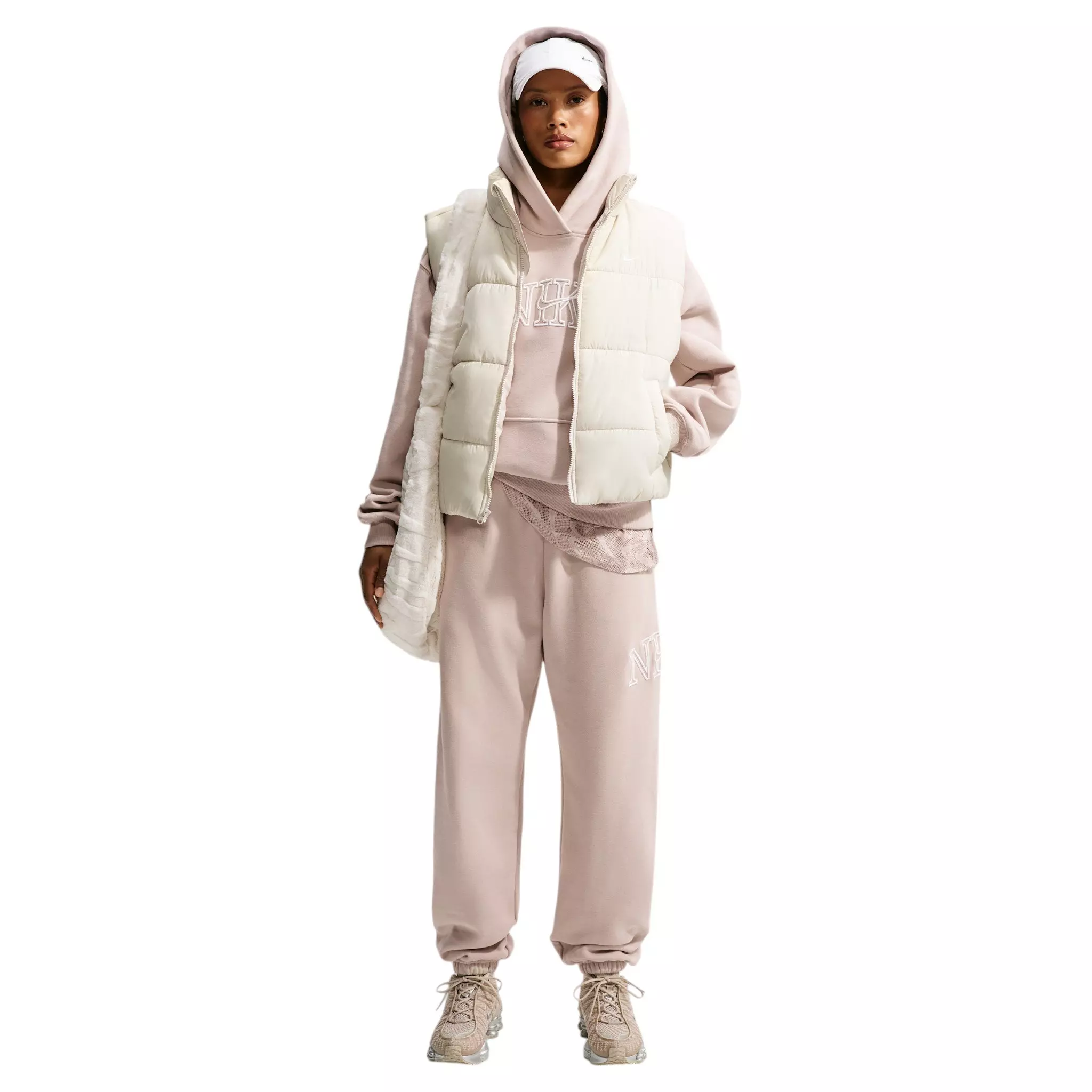 Nike Women's Studio Fleece Med Weight "Graphic Pack" Oversized Cuffed Logo Pants - Cream - CREAM