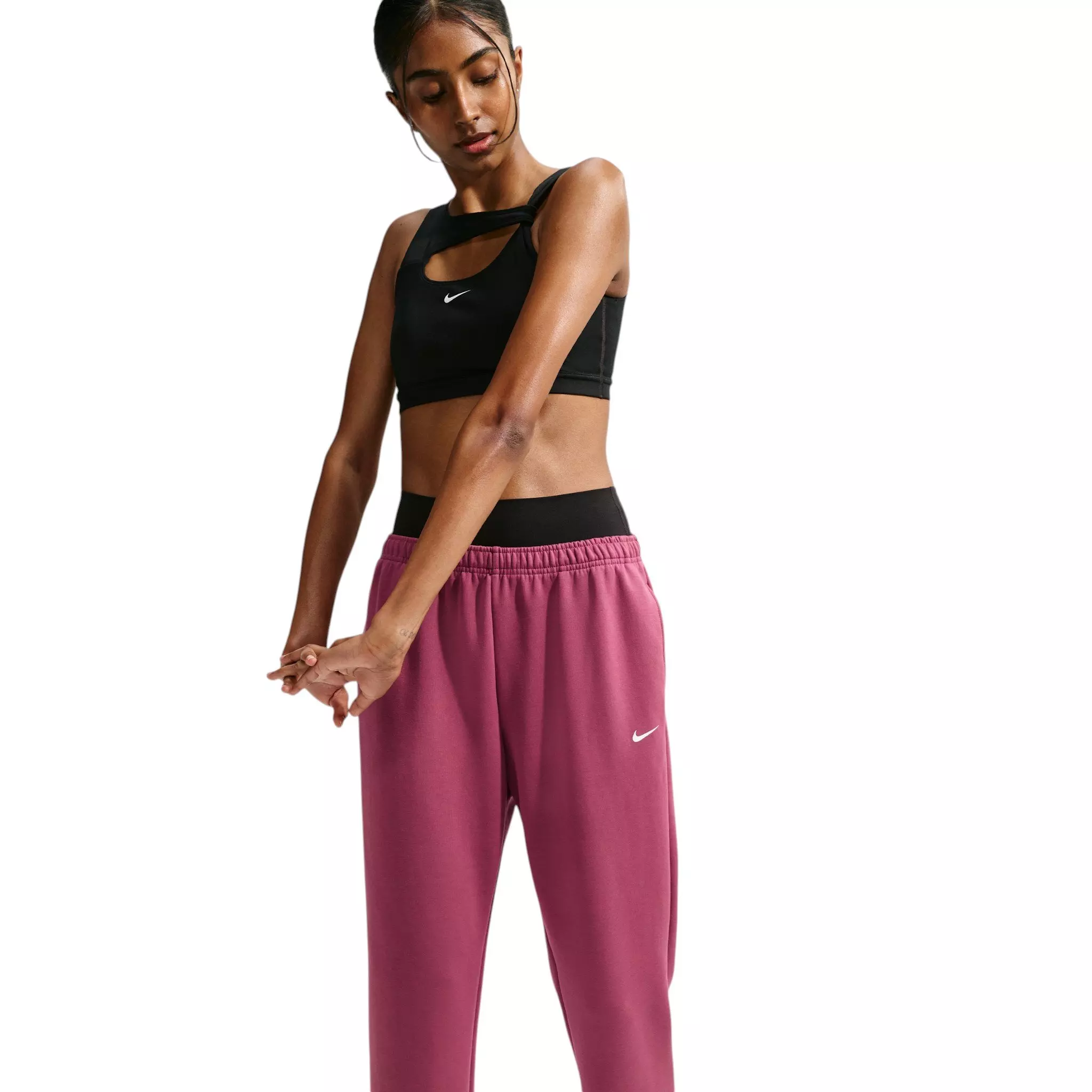 Nike Women's Studio Fleece Sport Dri-FIT Mid-Rise Pants - Pink Smoke - PINK SMOKE