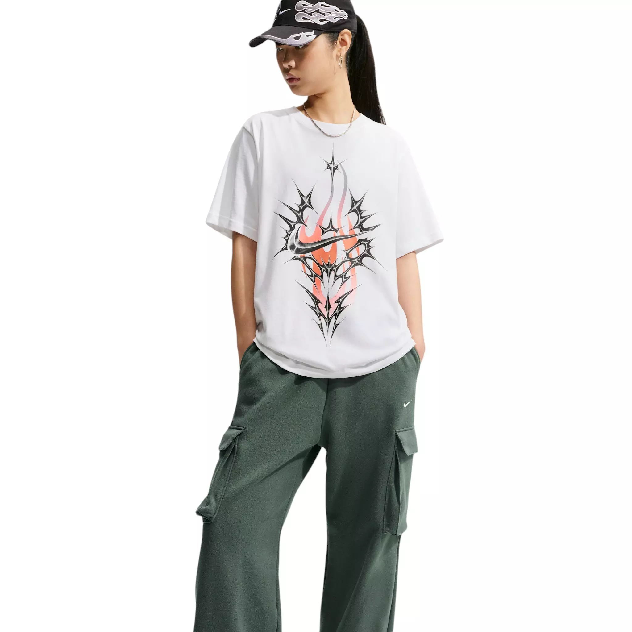 Nike Women's Studio Fleece Med-Weight Oversized HR Cargo Pants - Camo Green - CAMO GREEN