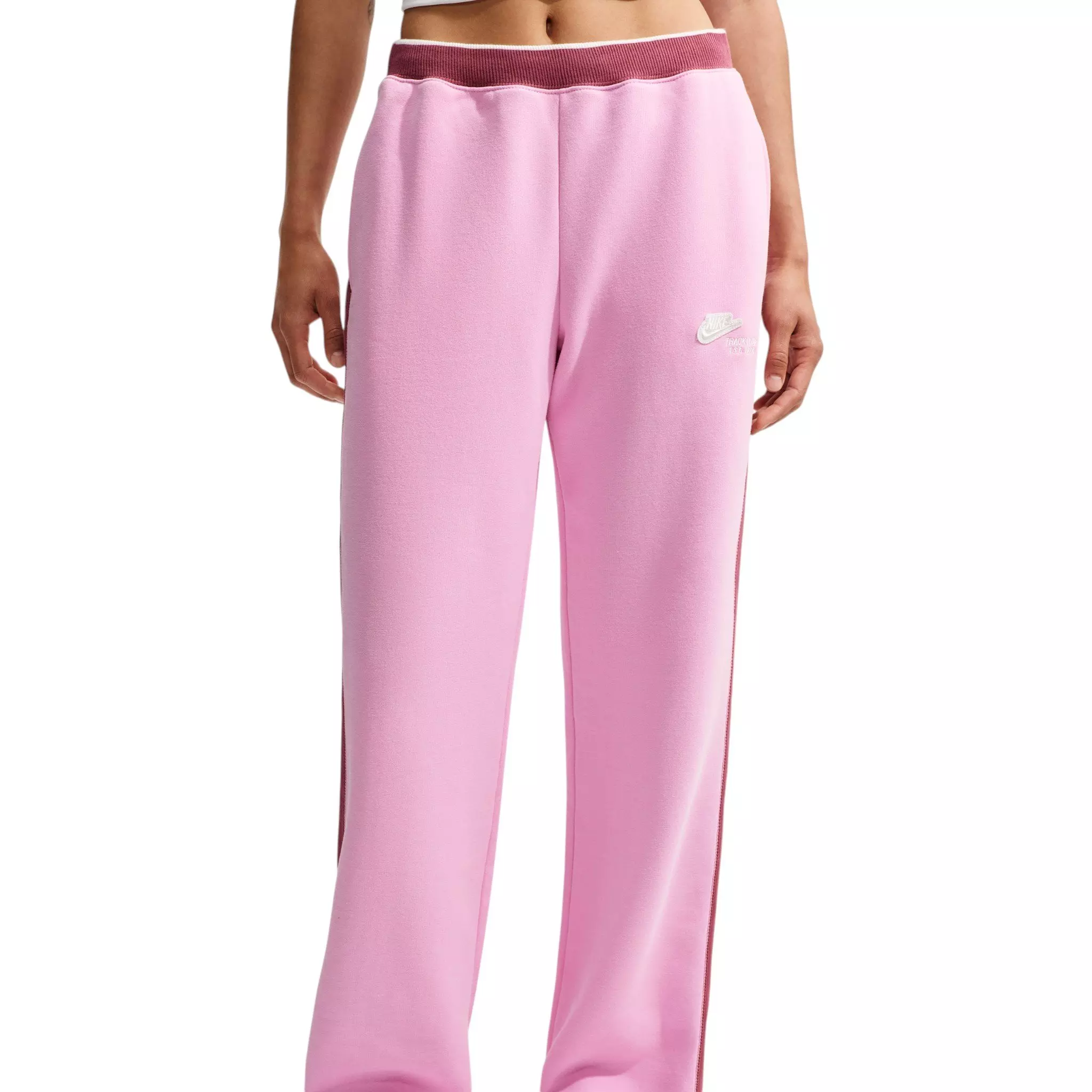 Nike Women's Studio Fleece Med Weight "Run Club" Mid-Rise Track Pants - Pink - PINK