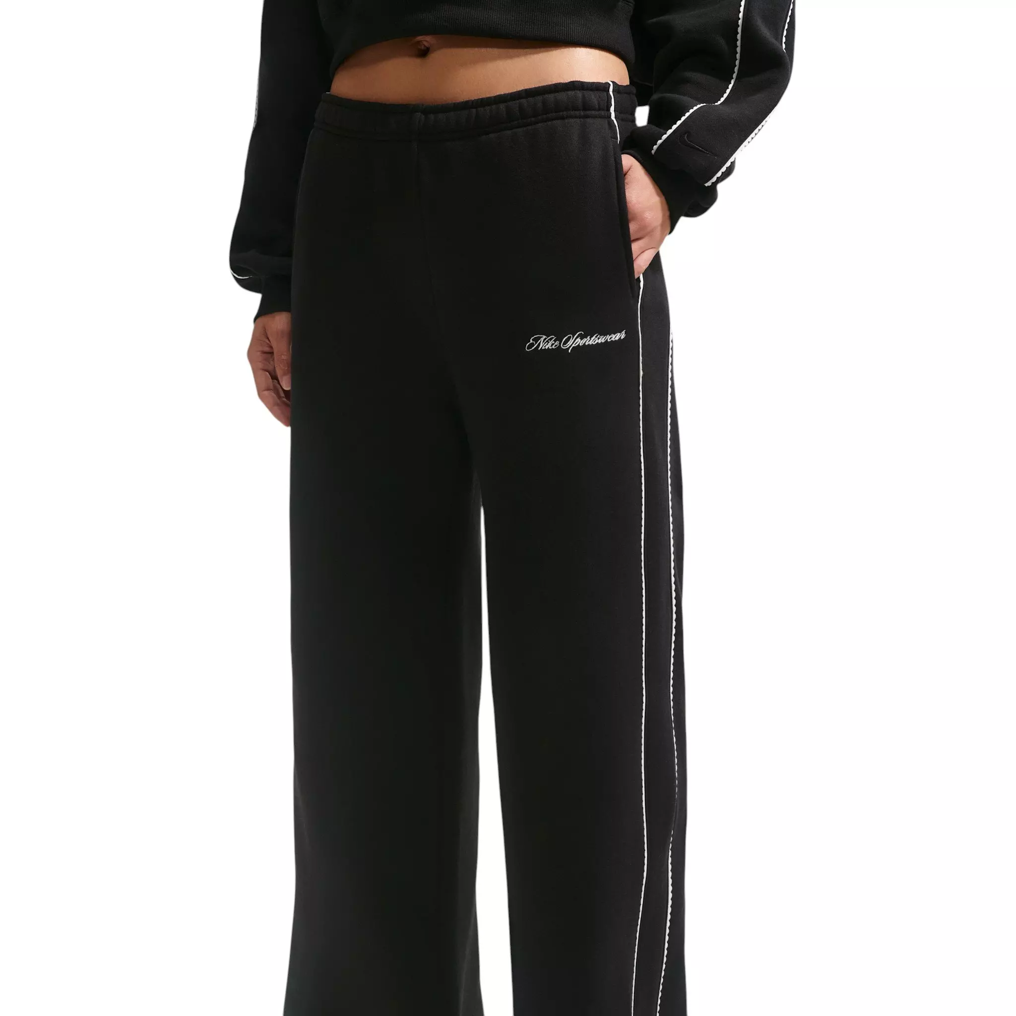 Nike Women's Studio Fleece Med-Weight "Graphic Pack" Mid-Rise Wide-Leg Pants - Black - BLACK