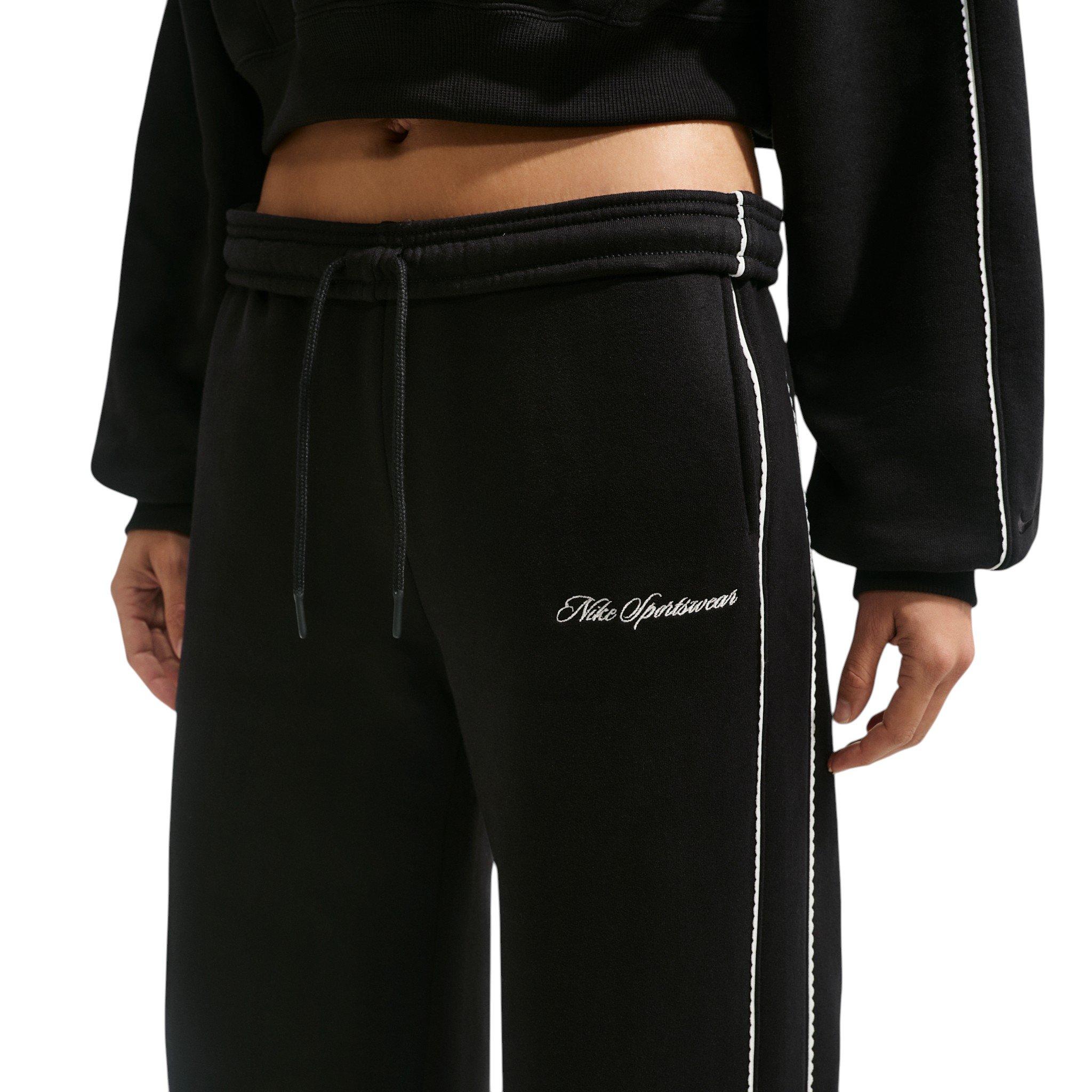 Nike Women's Studio Fleece Med-Weight "Graphic Pack" Mid-Rise Wide-Leg Pants - Black - BLACK
