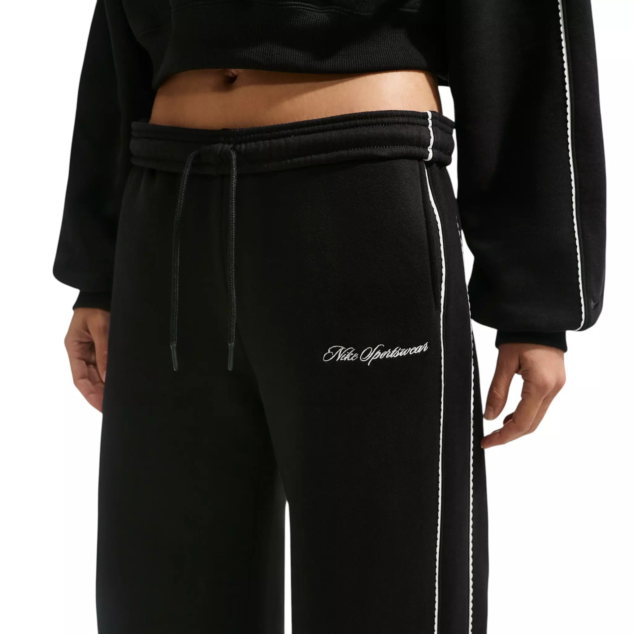 Nike Women's Studio Fleece Med-Weight "Graphic Pack" Mid-Rise Wide-Leg Pants - Black - BLACK