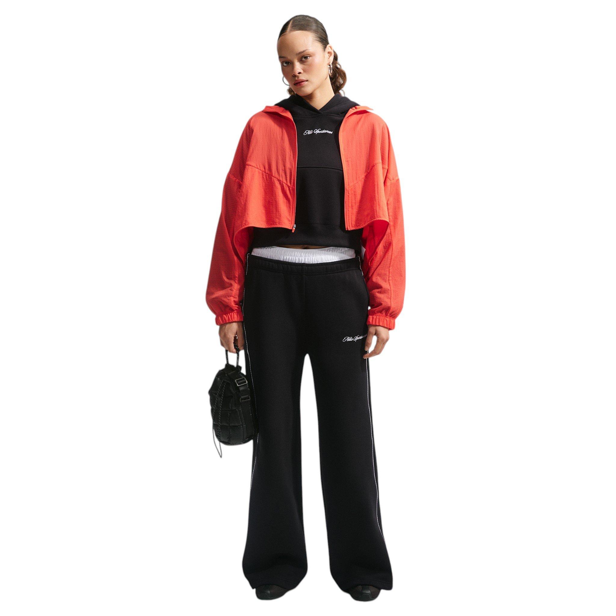 Nike Women's Studio Fleece Med-Weight "Graphic Pack" Mid-Rise Wide-Leg Pants - Black - BLACK