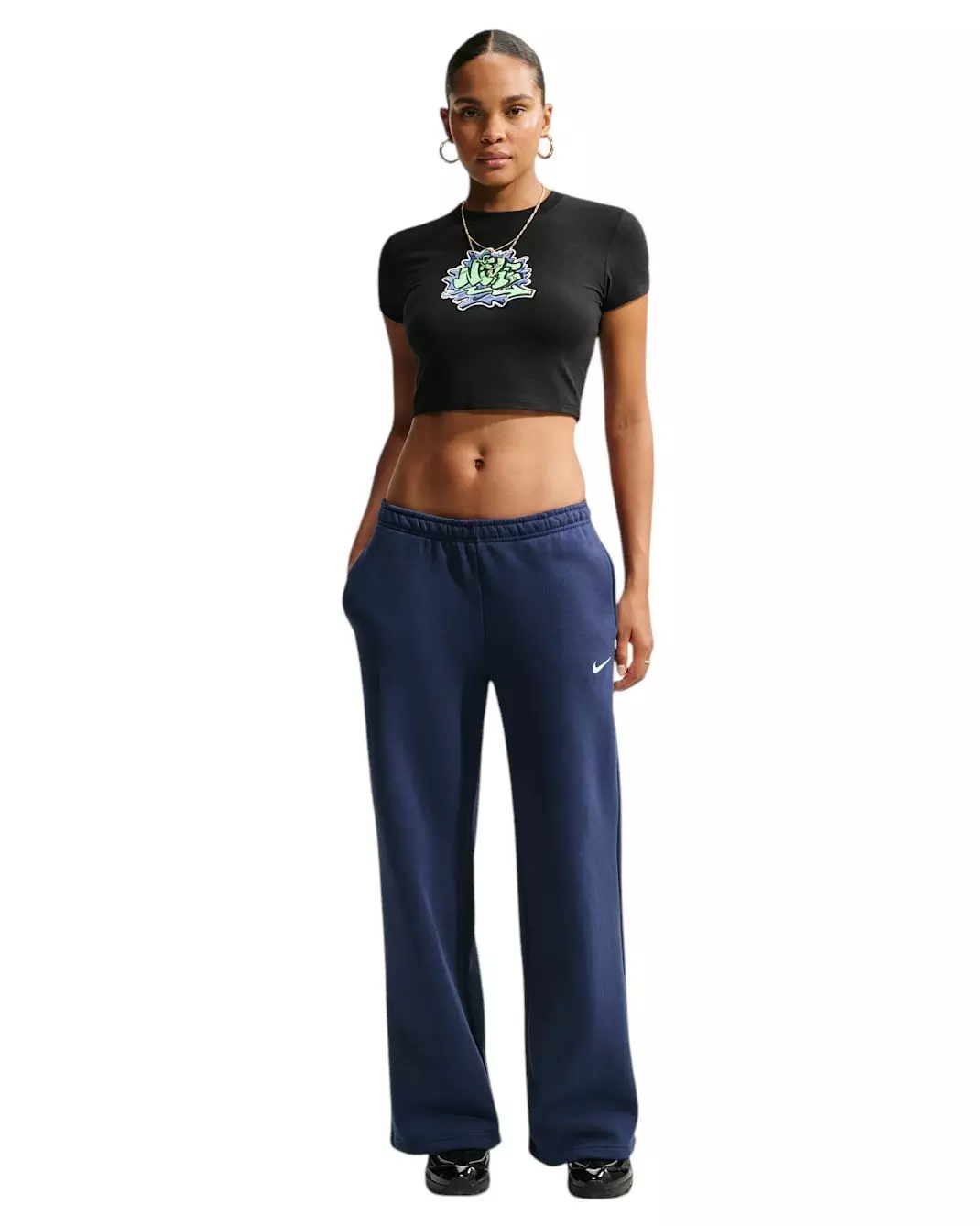 Nike Women's Studio Fleece Med-Weight Mid Rise Wide-Leg Pants - Navy - NAVY