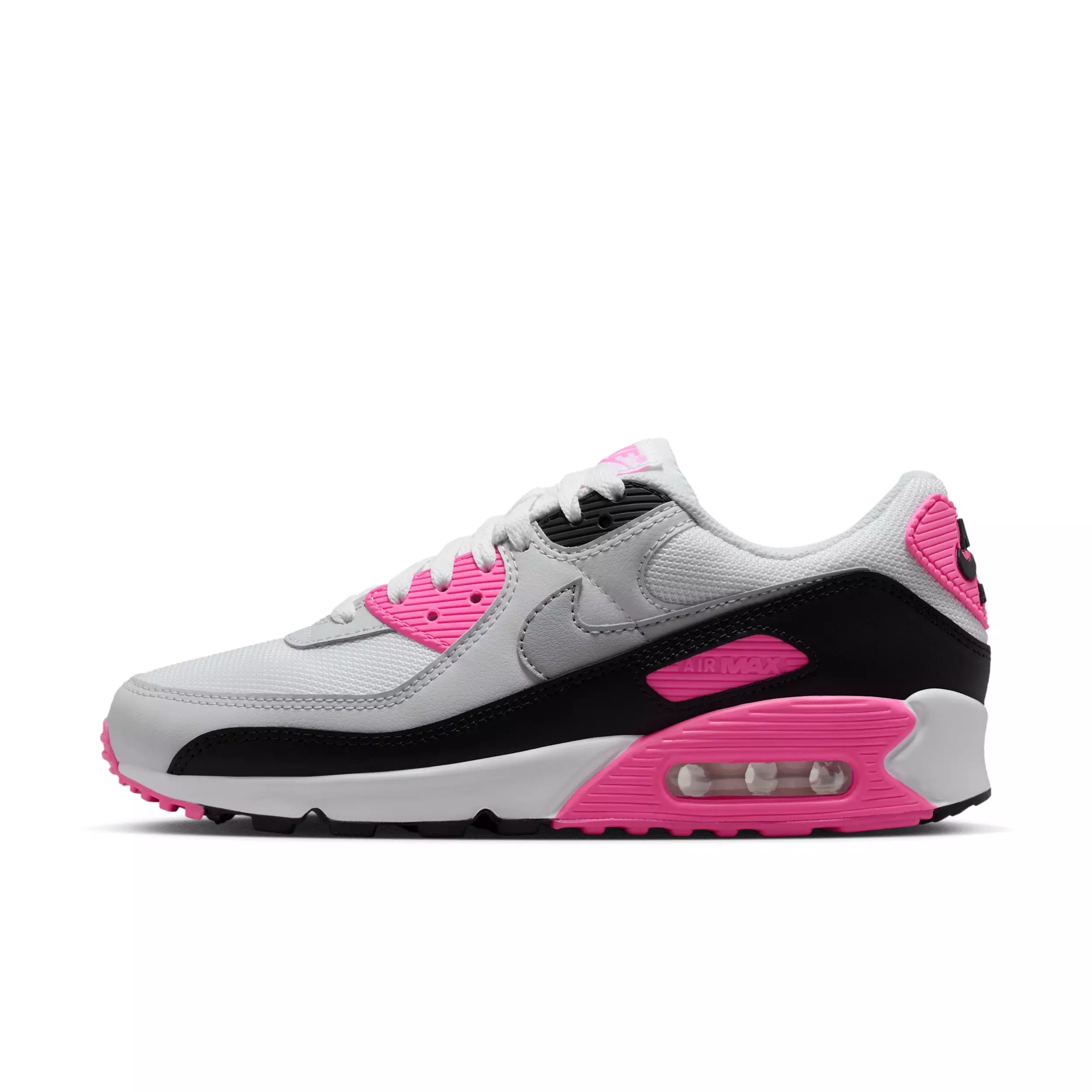 Nike Air Max 90 "White/Pink Glow/Black/Wolf Grey" Women's Shoe - WHITE/PINK/BLACK/GREY