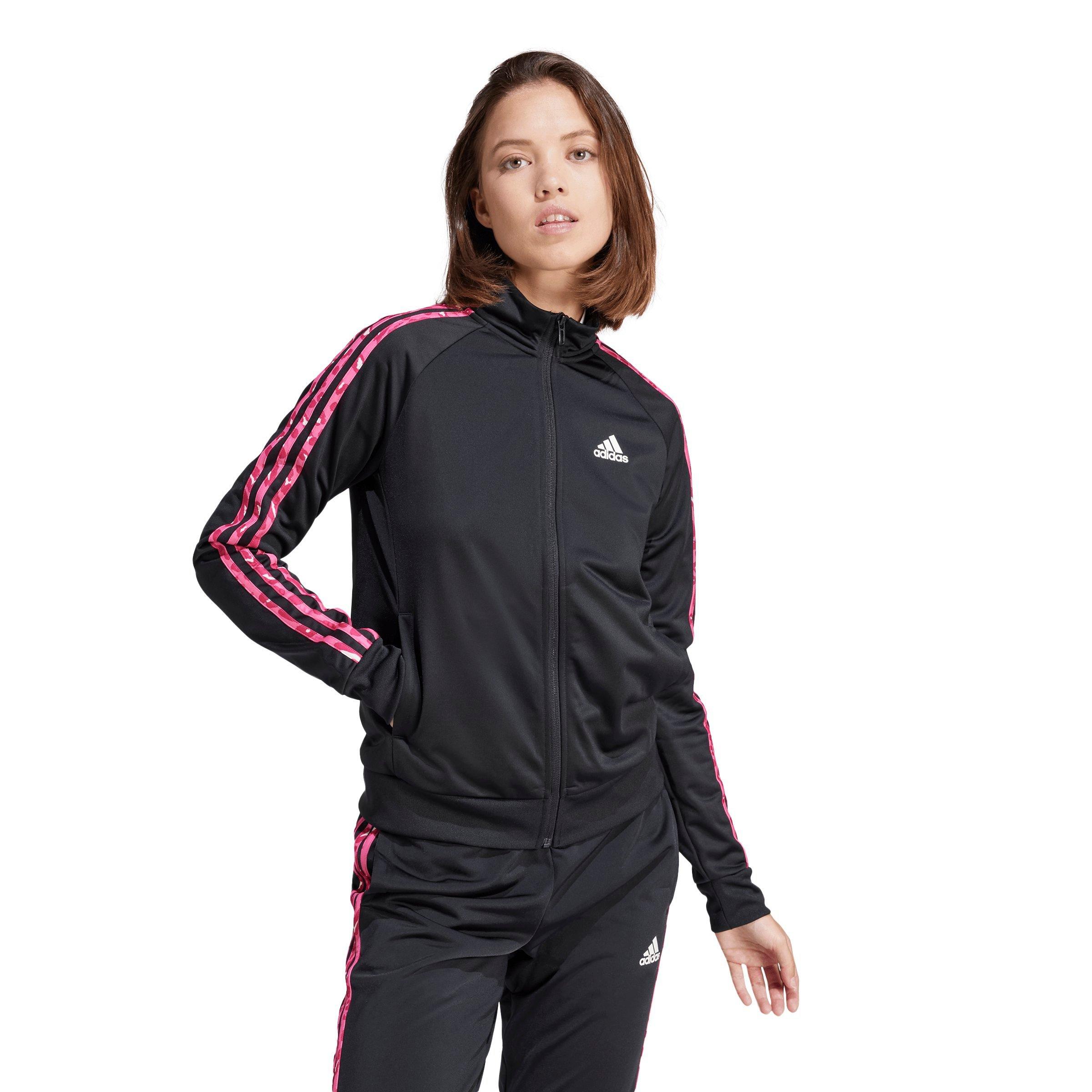 アディダス レディース コート アウター Essential 3-Stripes Tricot Jacket Legend Ink adidas Women's Essentials Animal Print Tricot 3-Stripes Track Top -  Black/Pink