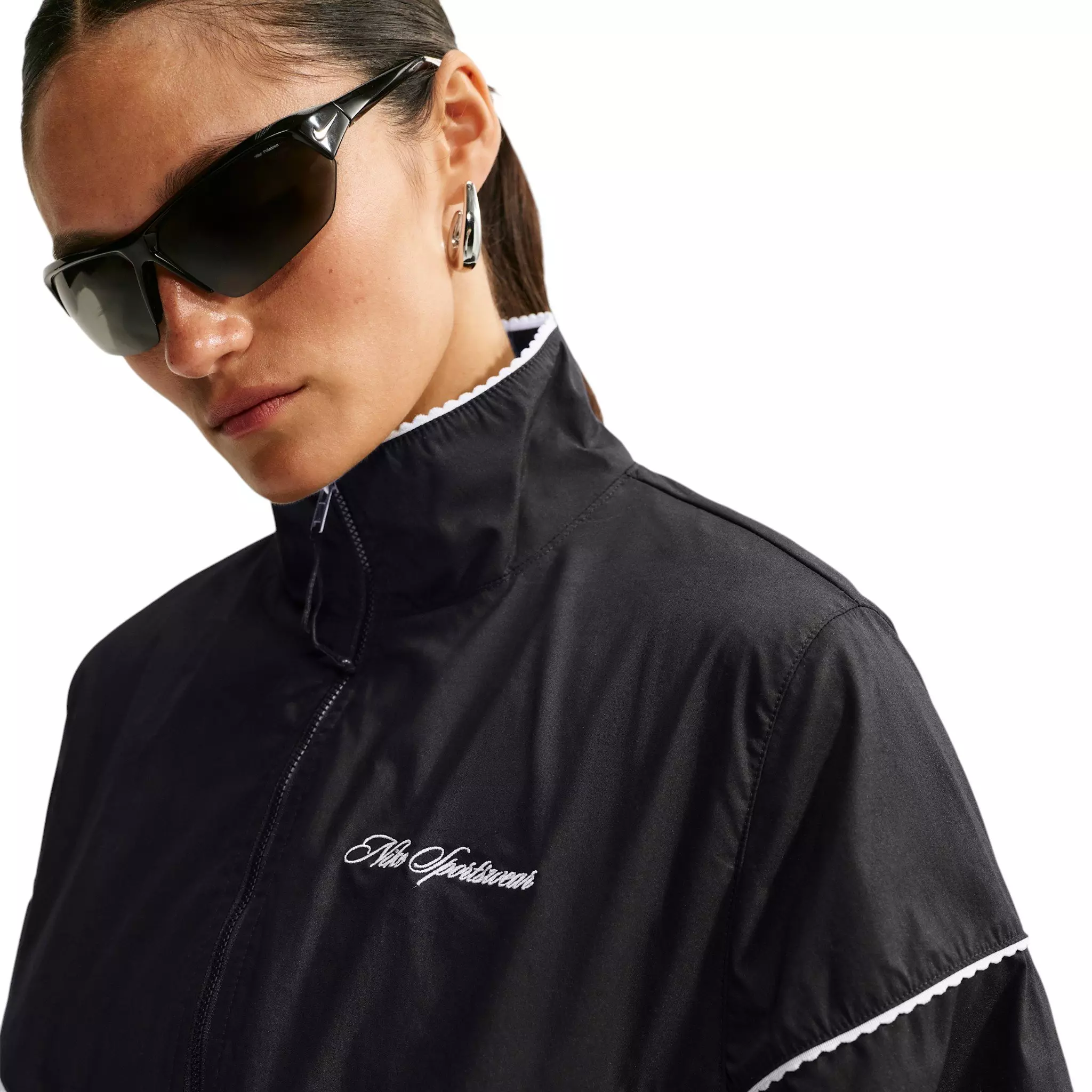 Nike Women's Sportswear Oversized Scalloped-Trim Poplin Track Jacket - Black - BLACK