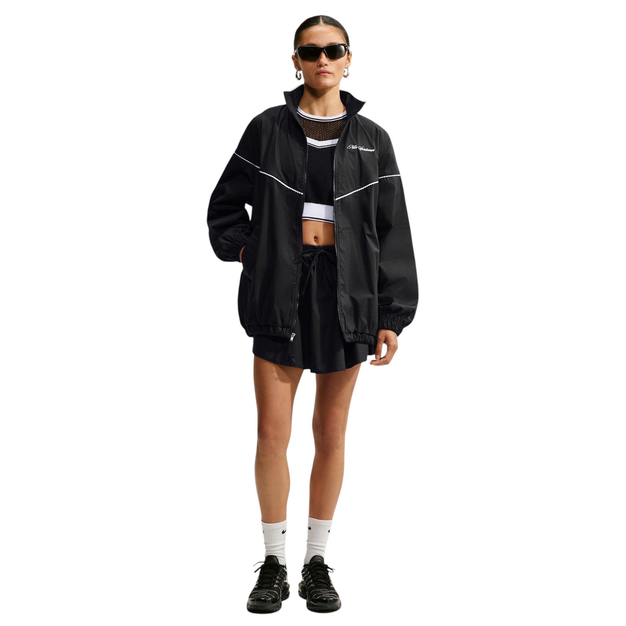 Nike Women's Sportswear Oversized Scalloped-Trim Poplin Track Jacket - Black - BLACK