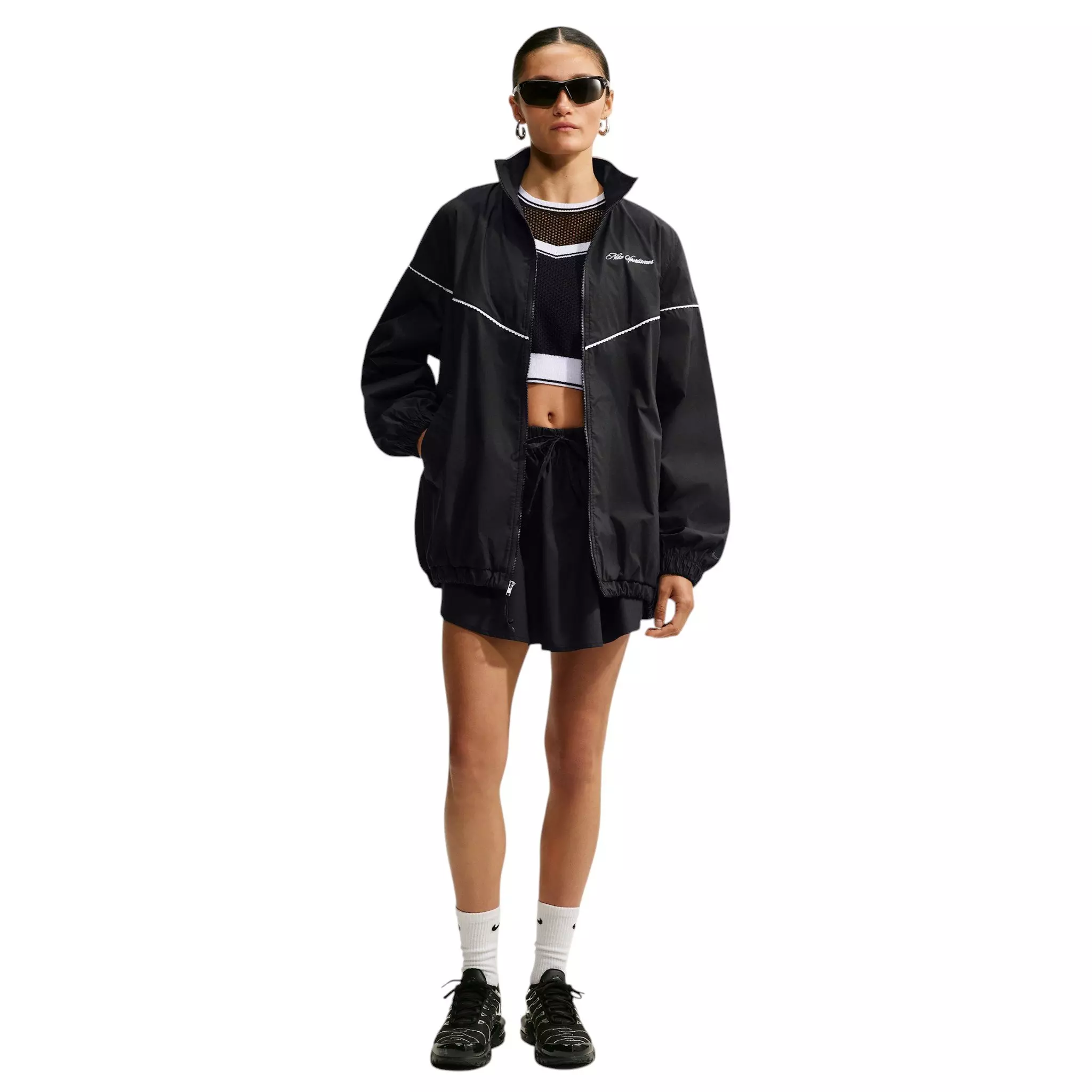 Nike Women's Sportswear Oversized Scalloped-Trim Poplin Track Jacket - Black - BLACK