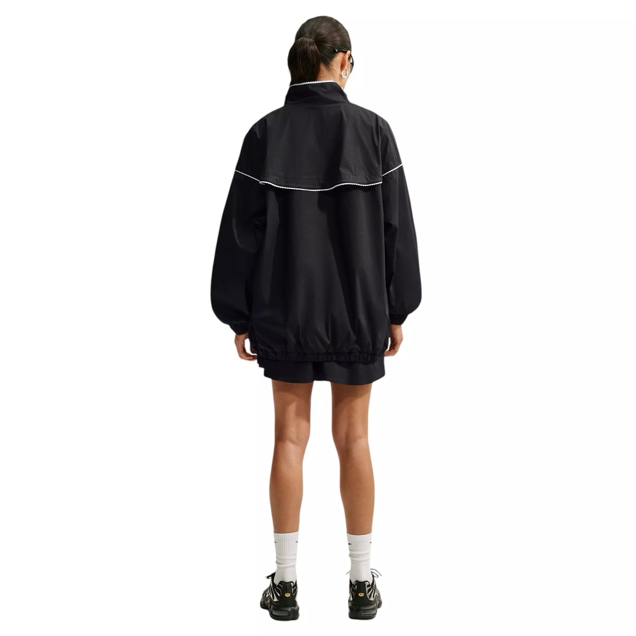 Nike Women's Sportswear Oversized Scalloped-Trim Poplin Track Jacket - Black - BLACK