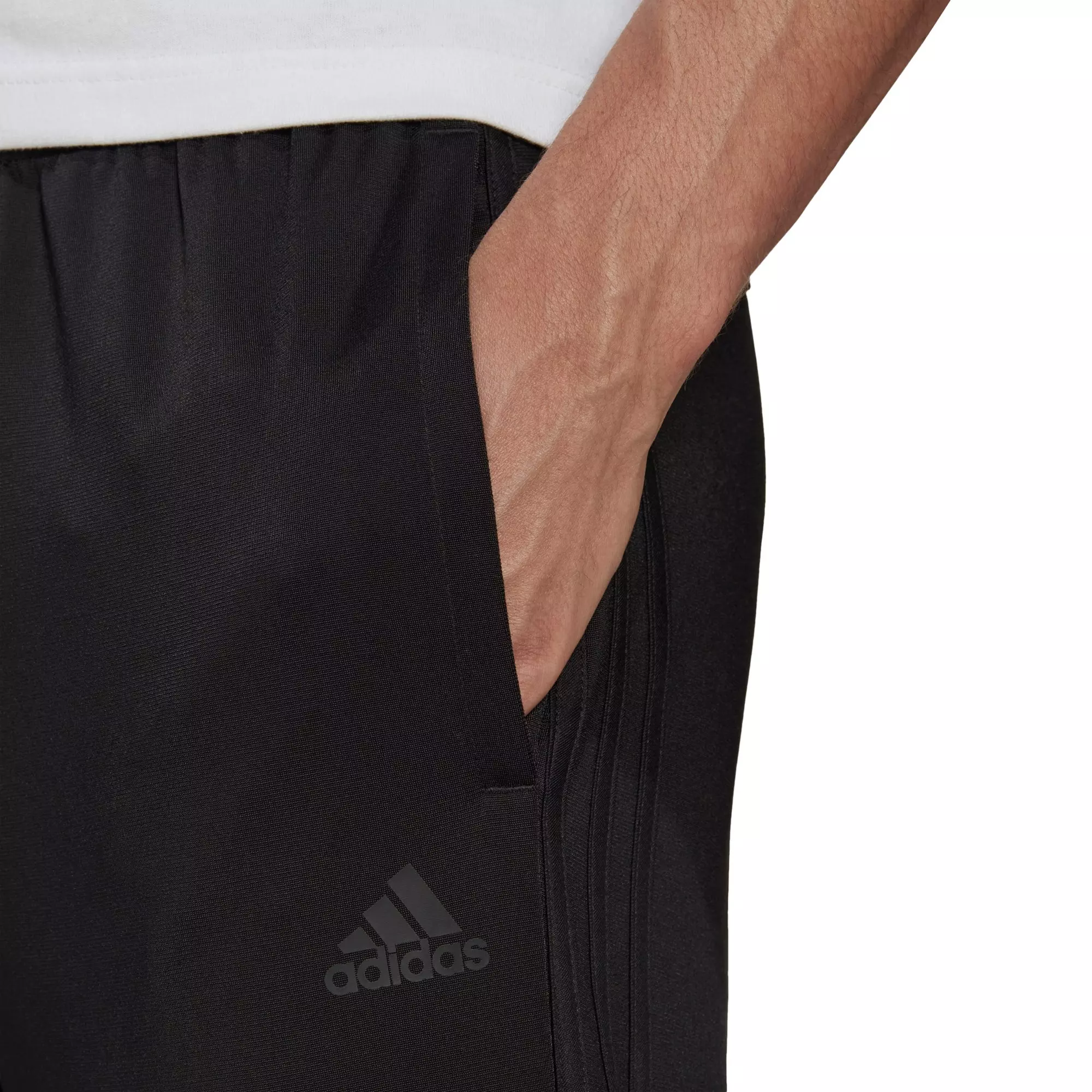 adidas Men's Primegreen Essentials Warm-Up Tapered 3-Stripes Black Track Pants - BLACK