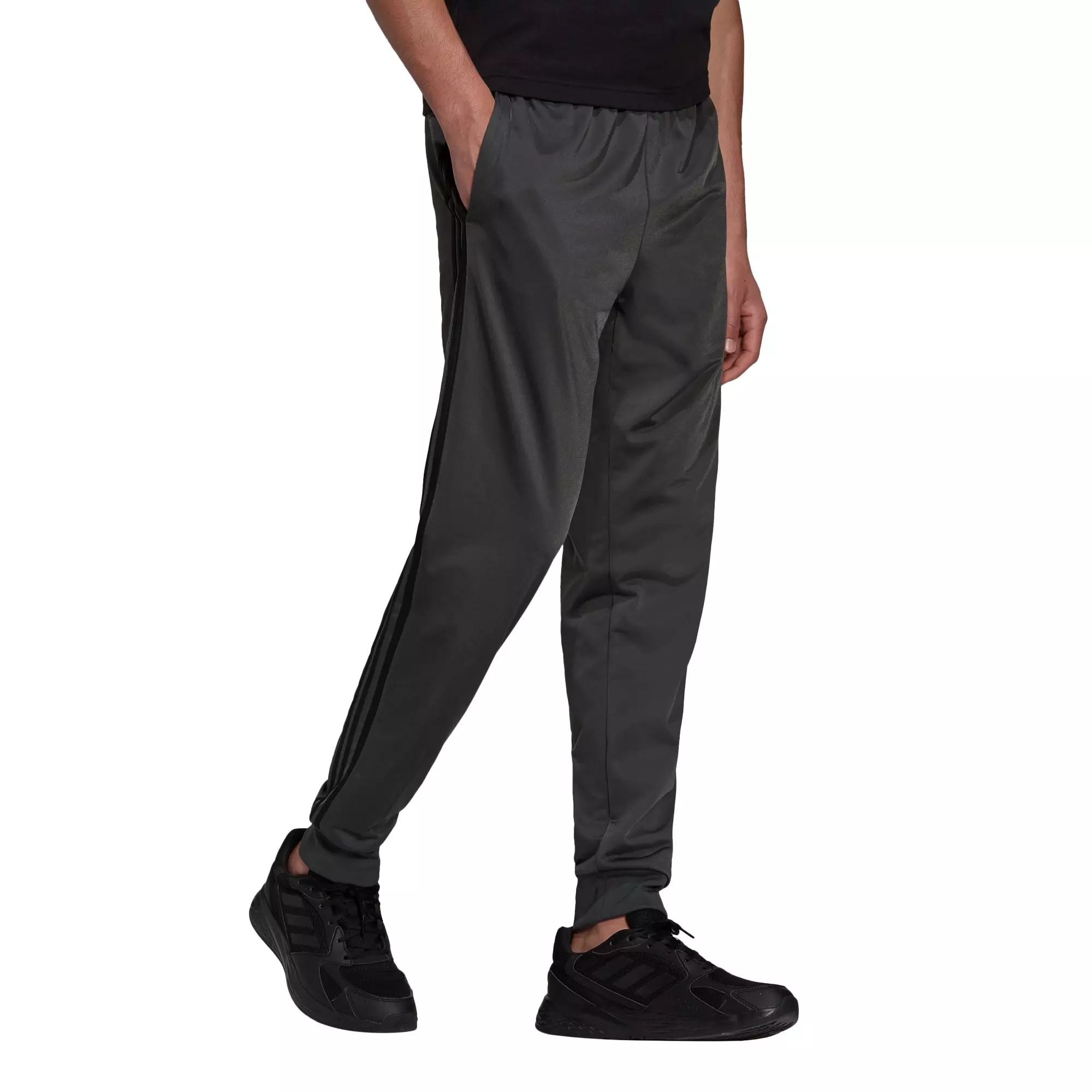 adidas Men's Primegreen Essentials Warm-Up Tapered 3-Stripes Grey/Black Track Pants - GREY/BLACK