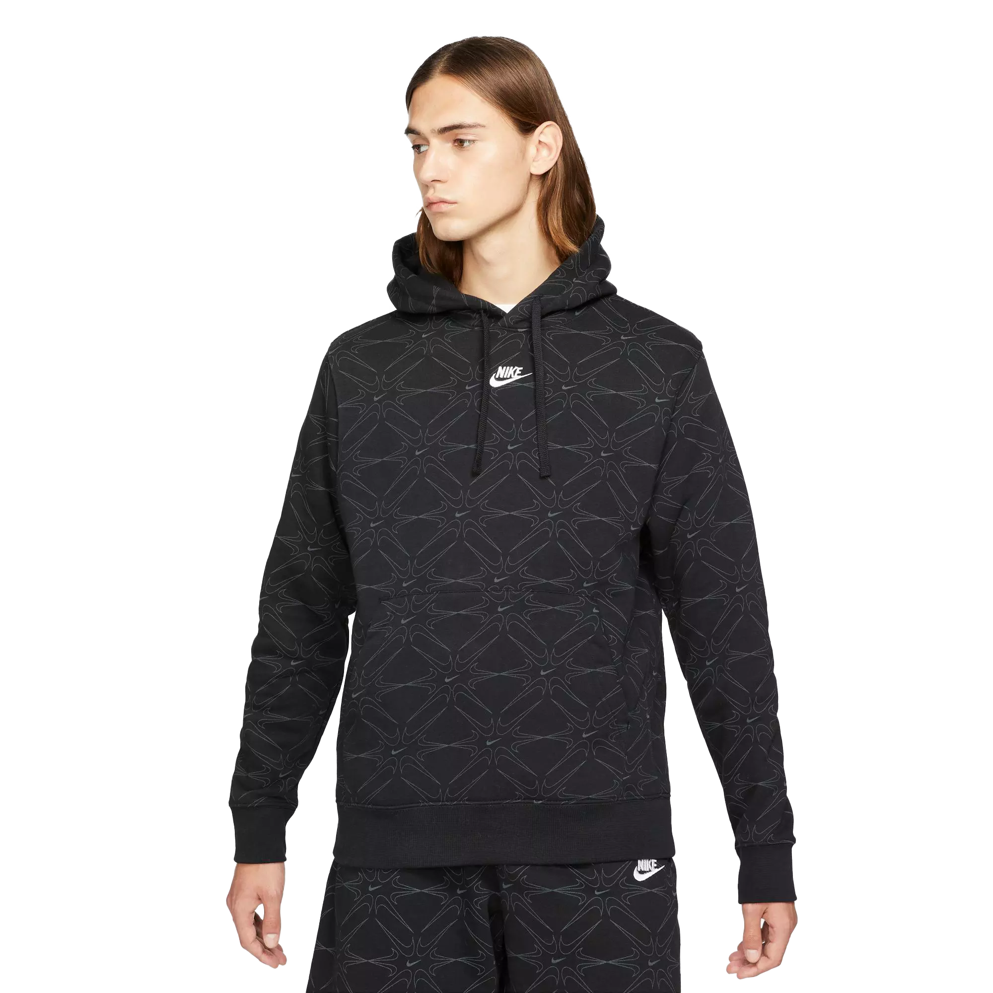 Nike Men's Sportswear Club All Over Print "Black/White" Pullover Hoodie - BLACK/WHITE