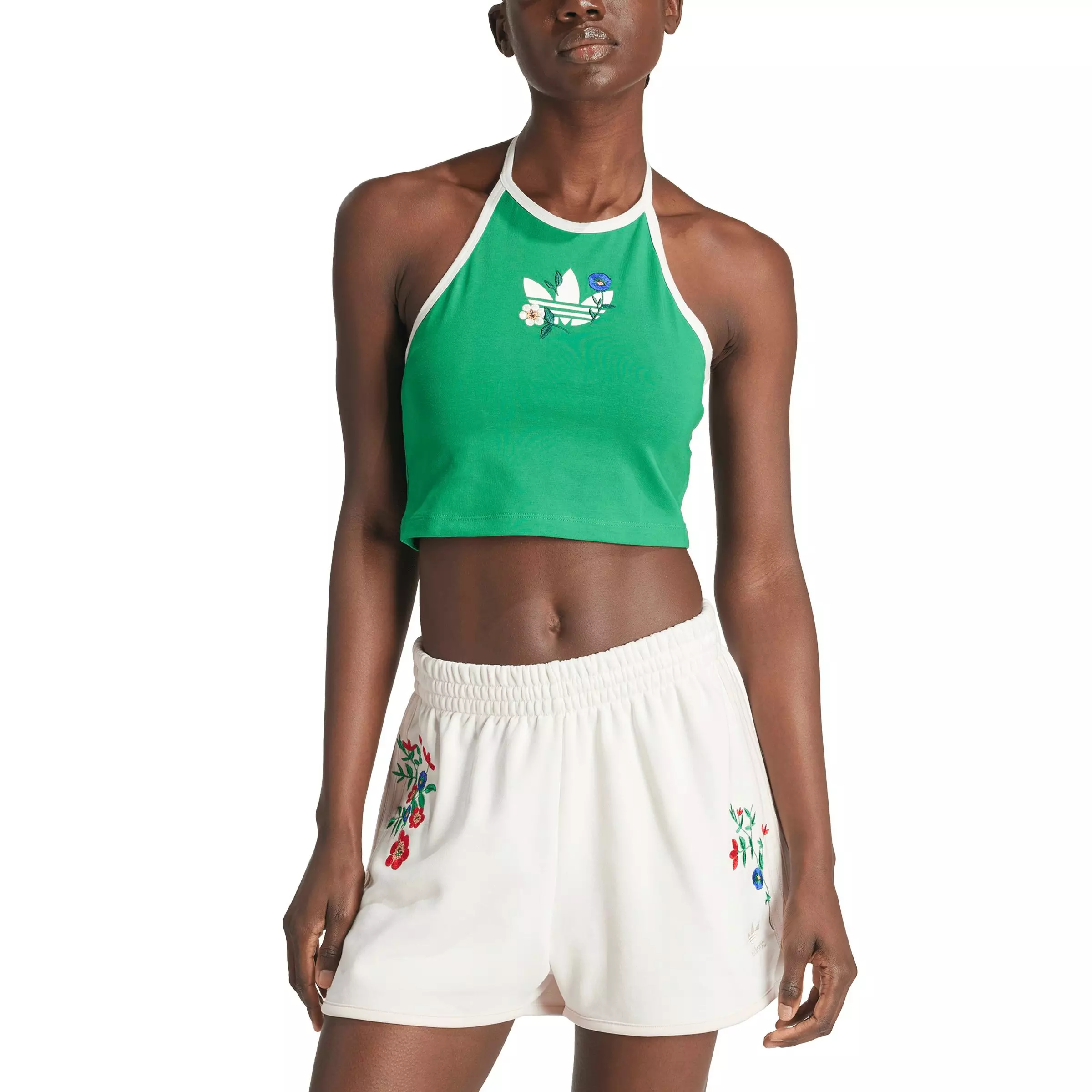 adidas Women's Originals Fashion Graphics Floral Cropped Halter Neck Top - Green - GREEN