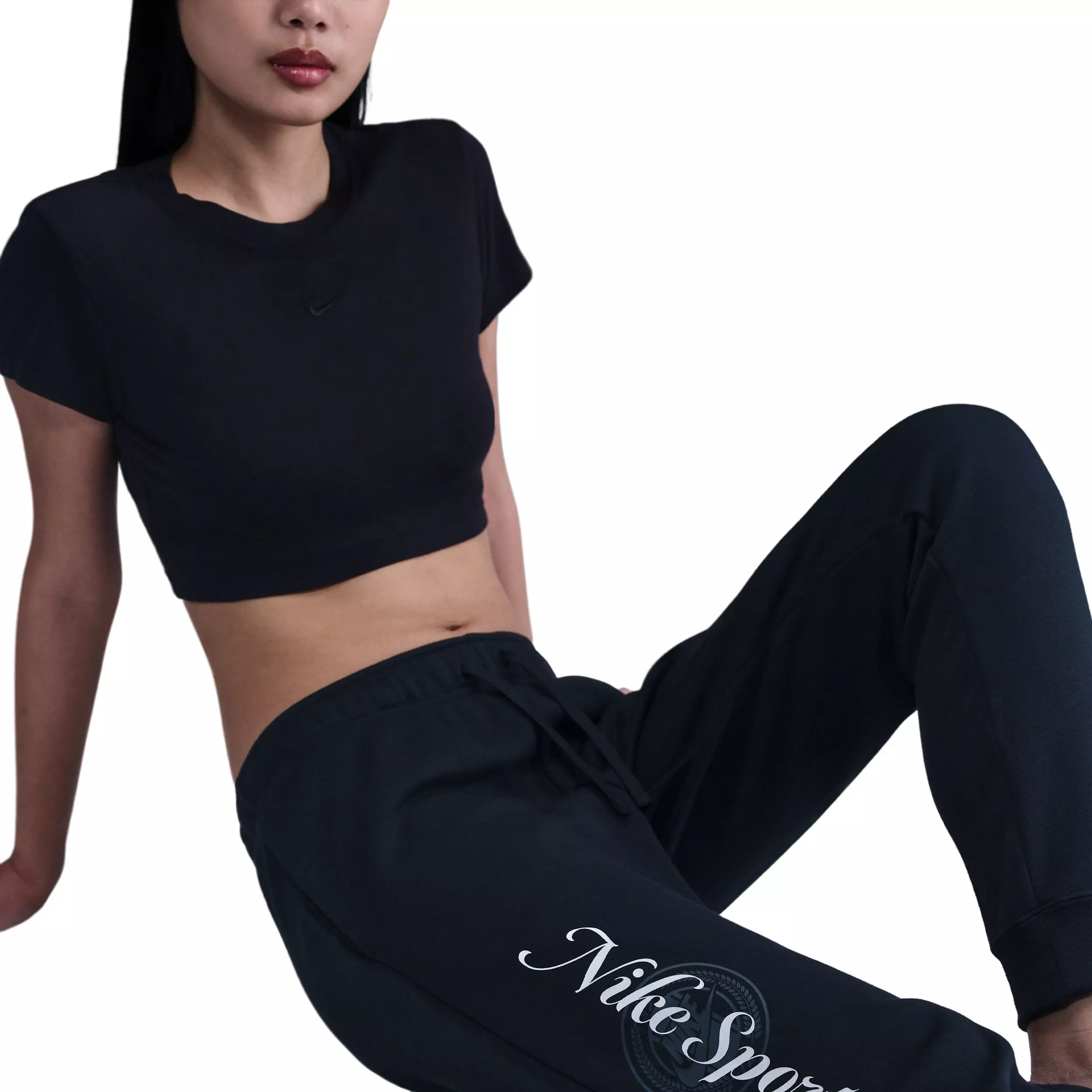 Nike Women's Sportswear Club Fleece Mid-Rise Graphic Pants - Black - BLACK