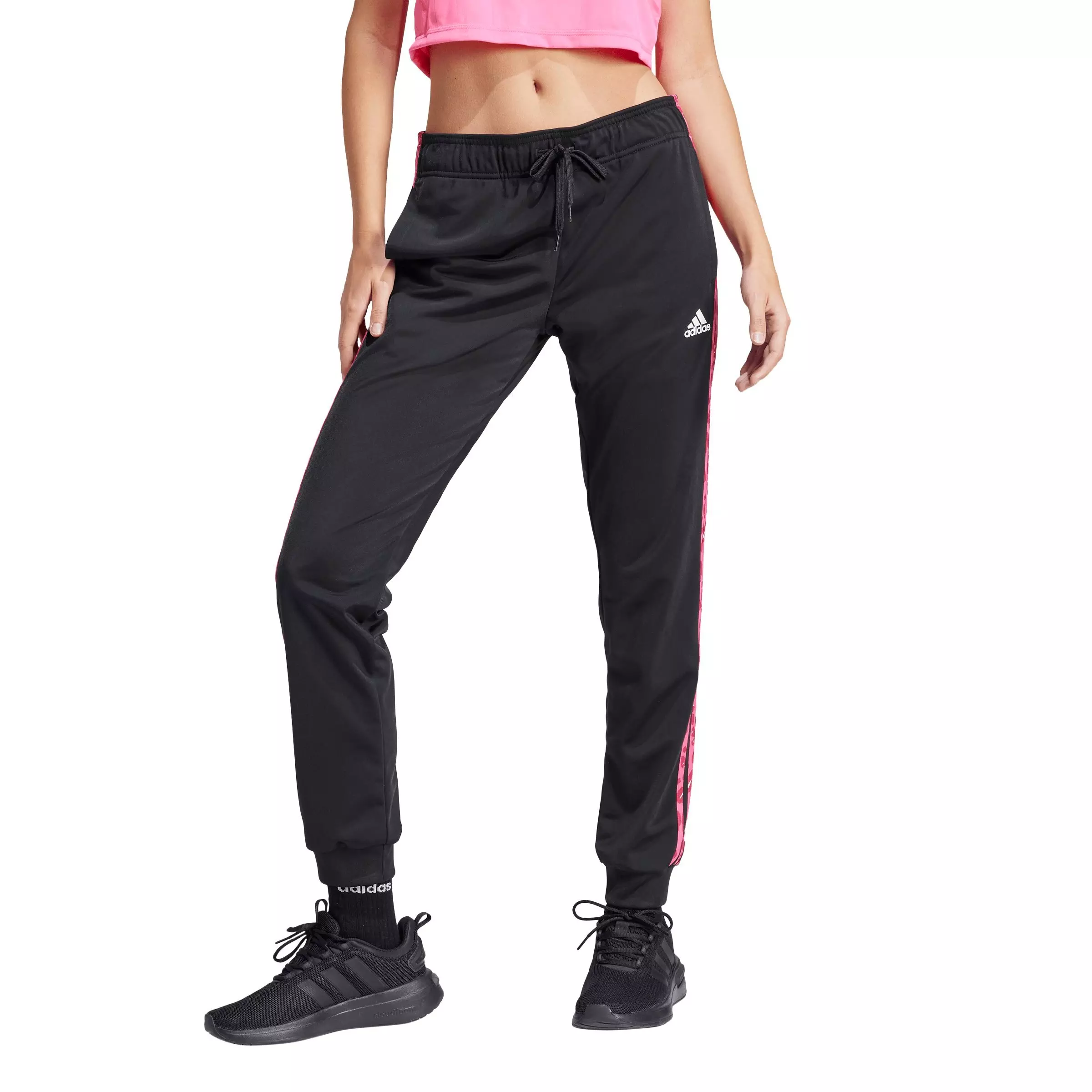 adidas Women's Essentials Animal Print Tricot 3-Stripes Slim Tapered Tracksuit Bottoms - Black - BLACK